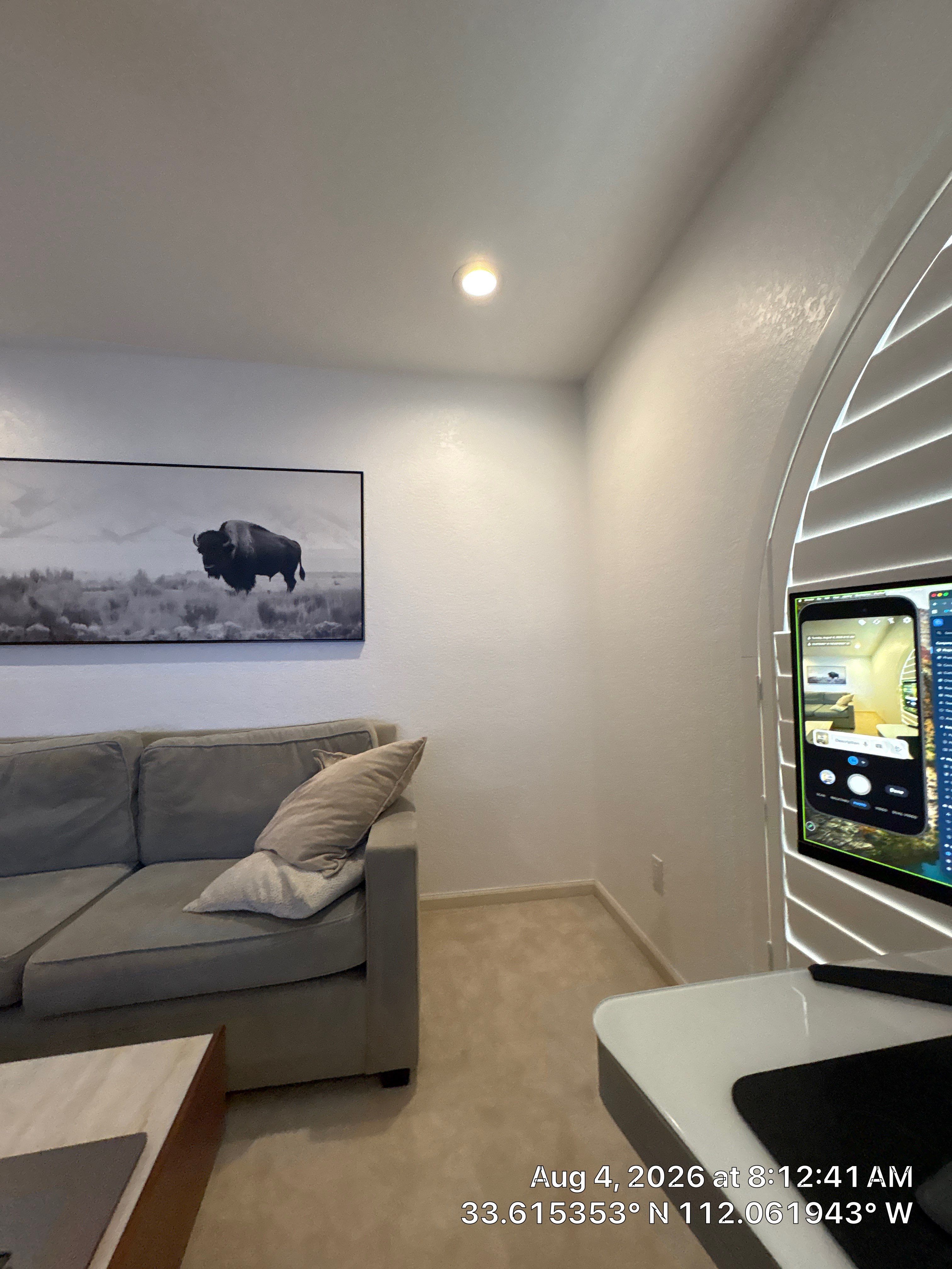 Phoenix Home Office Setup with Custom Arched Plantation Shutters by CompanyCam Sales Demo