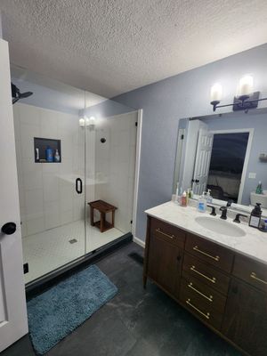 Full Bathroom Remodel in Portland with Hexagonal Tile and Custom Shower