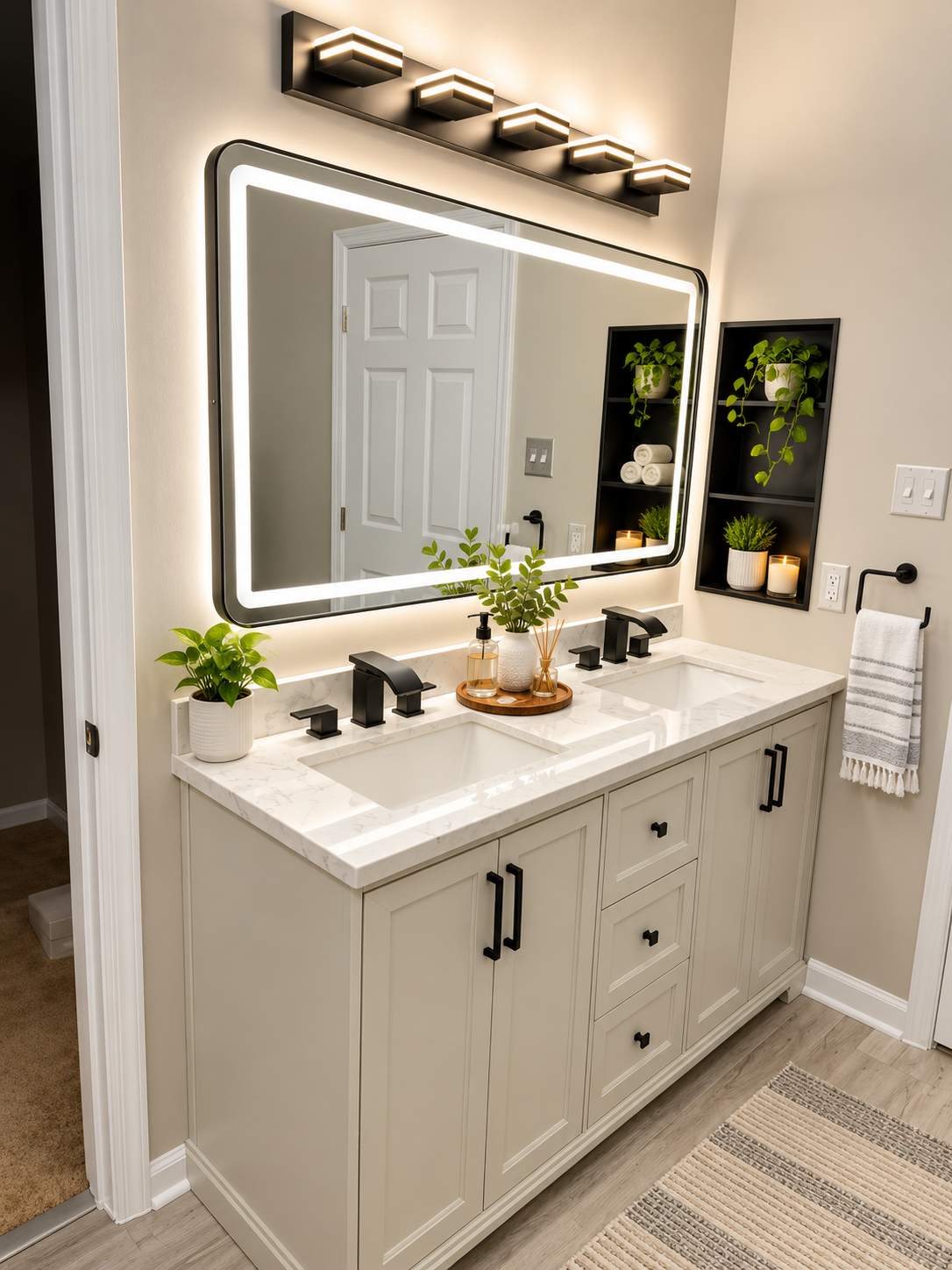 Modern Bathroom Remodel with Double Vanity & Spa-Inspired Tub/Shower by Remodel Now