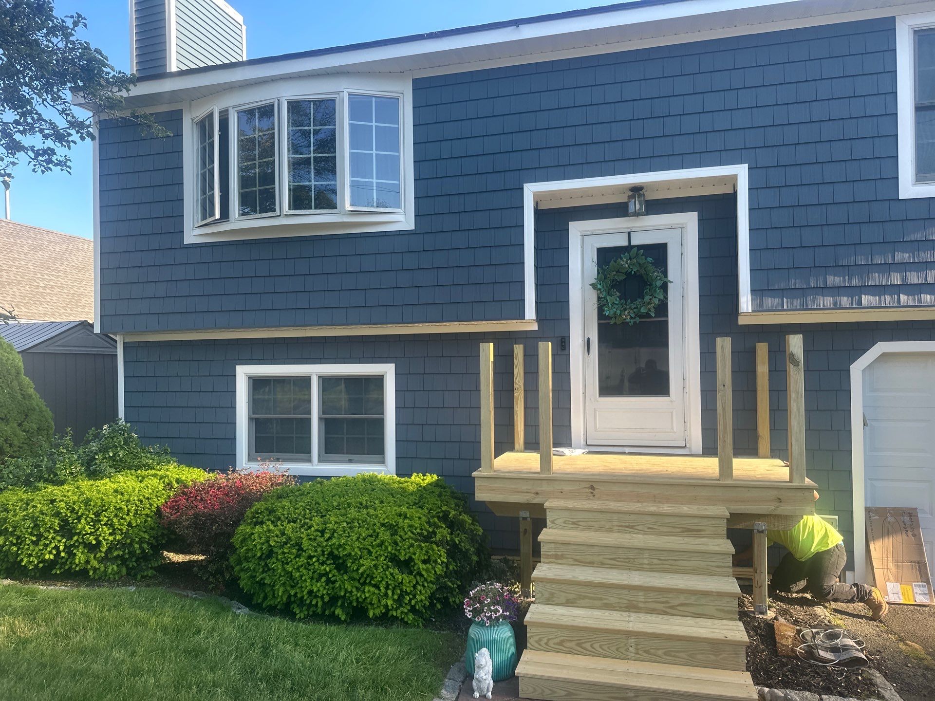 Siding Installation using Certainteed Cedar Impressions Straight Edge Perfection Shingles - D7 - Pacific Blue by A Plus Exterior