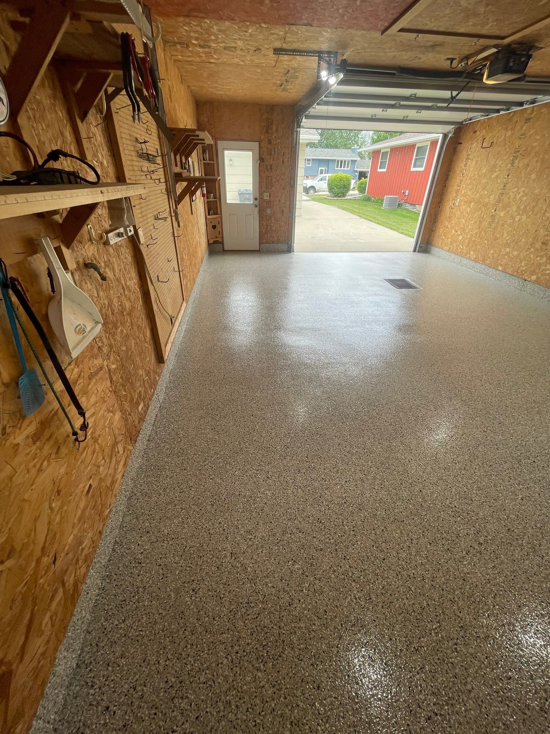 Speckled Epoxy Flake Concrete Coating for Worthington Garage Floor by Select Painting, Coatings & Garage Cabinets