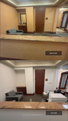 Before and after photo of a medical office reception area repainted by Hill Country Painting in Austin, TX