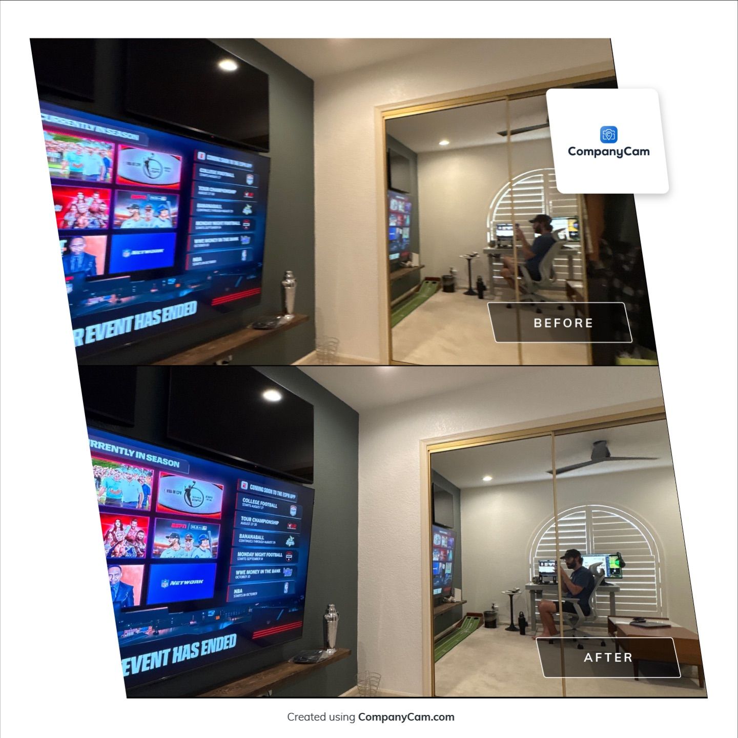 Phoenix Home Office Setup with Plantation Shutters and Media Wall by CompanyCam Sales Demo