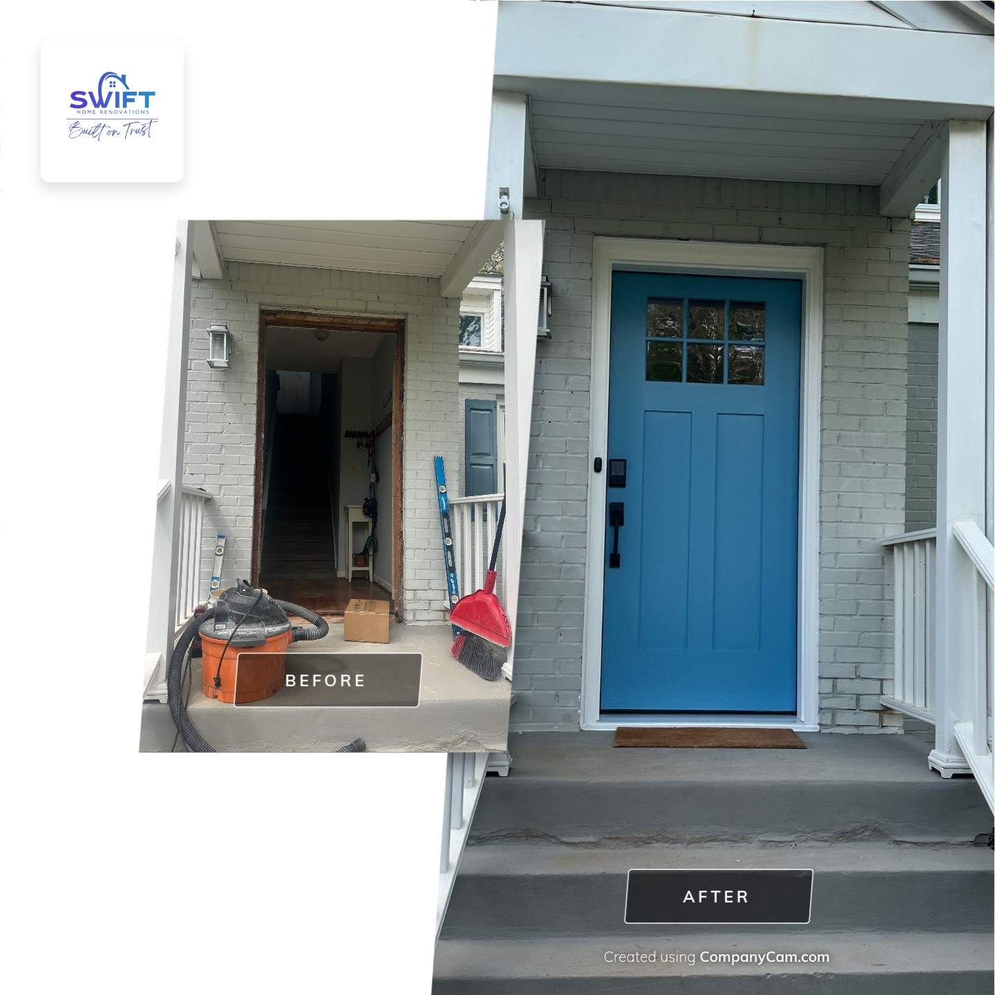 Decatur Exterior Renovation Featuring Painted Brick and Custom Blue Door by Swift Home Renovations