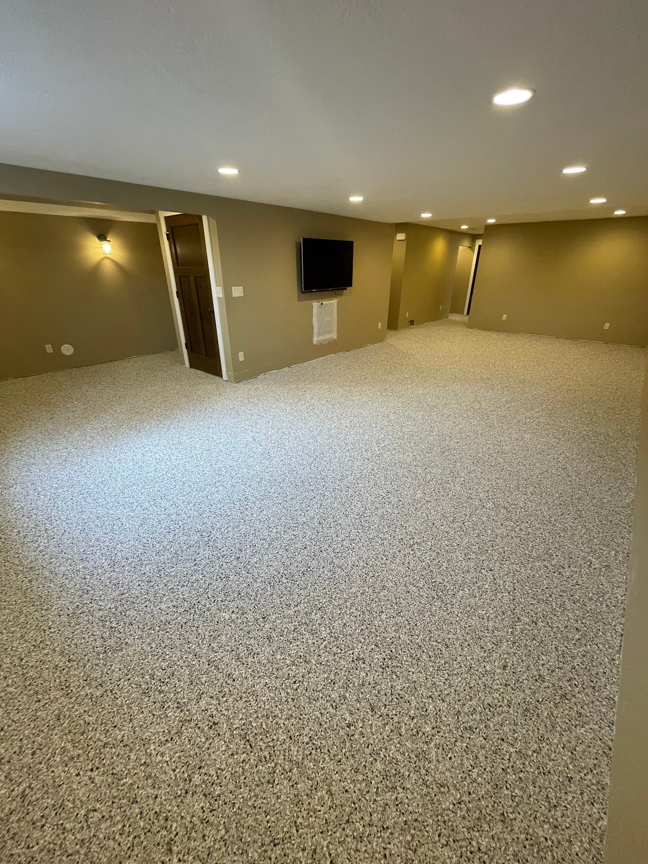 Decorative Flake Concrete Floor Coating for Larchwood Basement by Select Painting, Coatings & Garage Cabinets