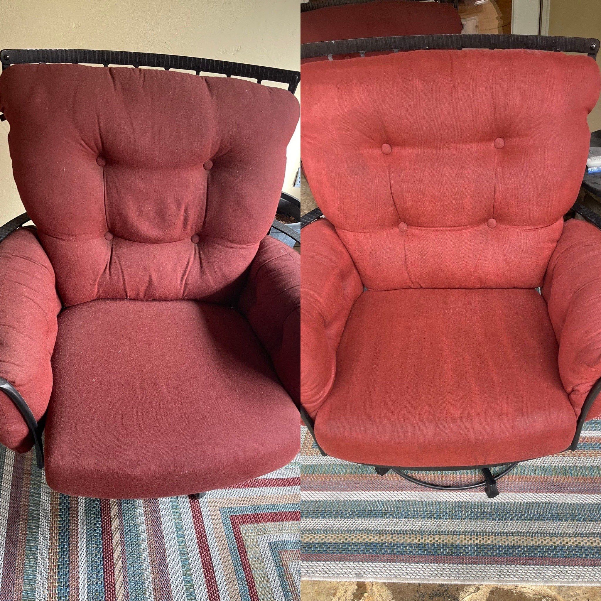 the service is upholstery cleaning for a chair restoring its fresh appearance and removing dust and stains