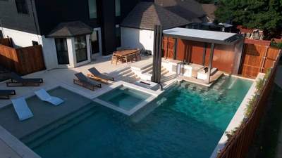 Modern Geometric Pool with Cabana and Fire Feature
