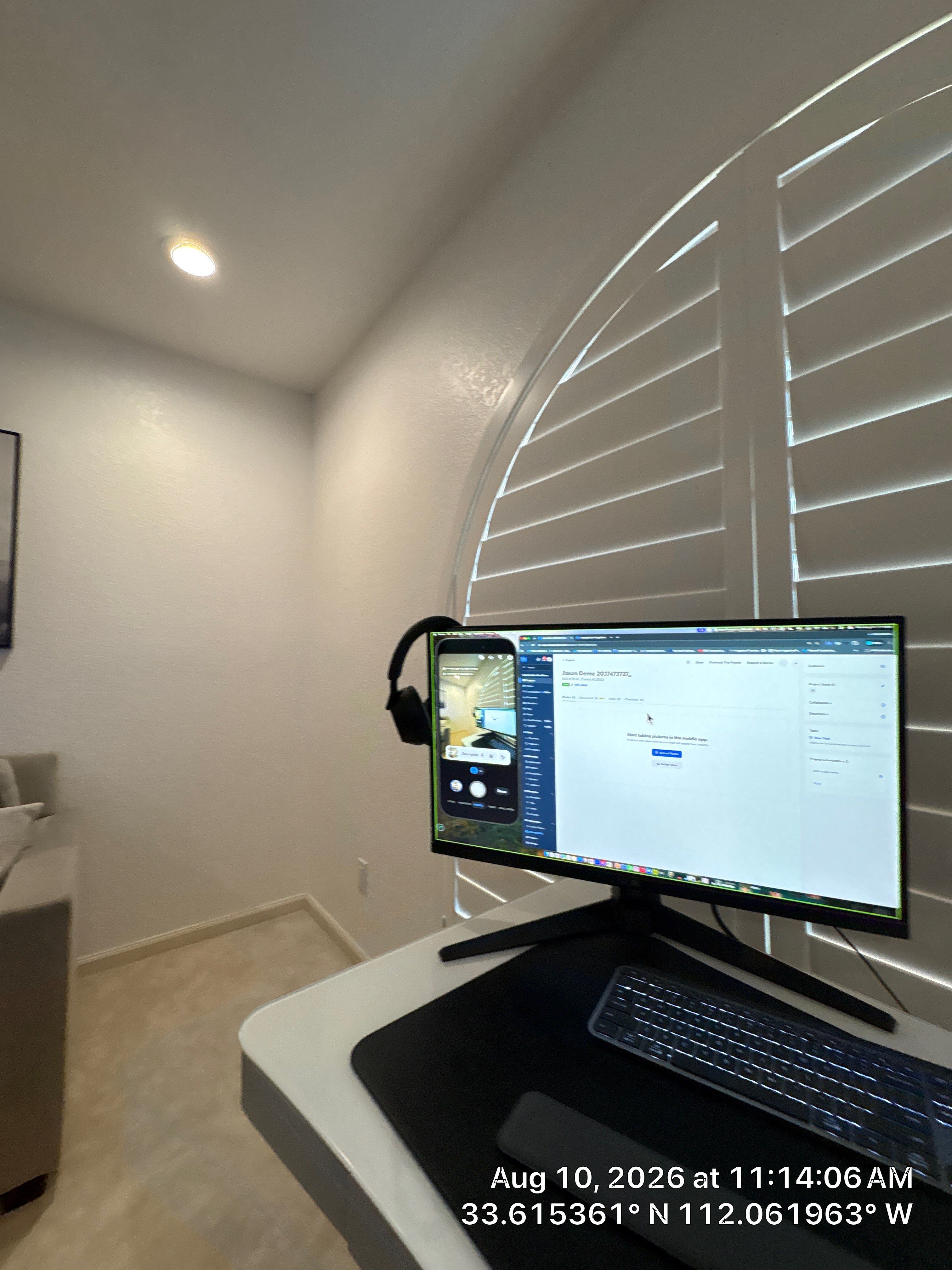 Home Office Setup with Arched Plantation Shutters in Phoenix by CompanyCam Sales Demo