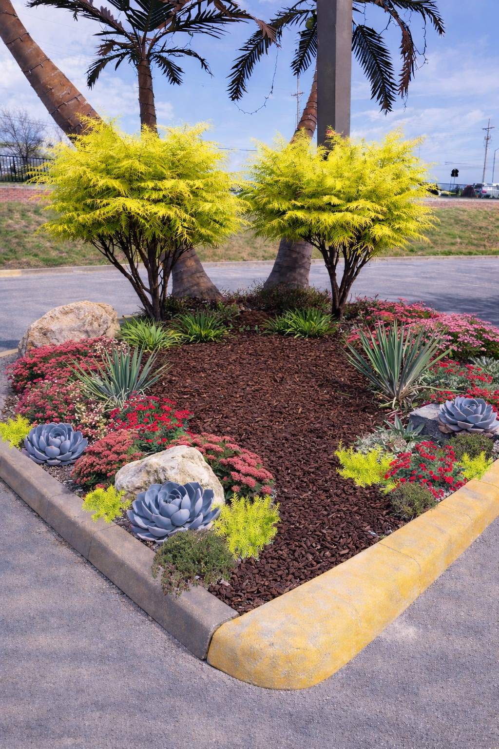 Restuarant Landscape Installation and Parking Lot Islands in Lenexa by LAND ESCAPES LLC