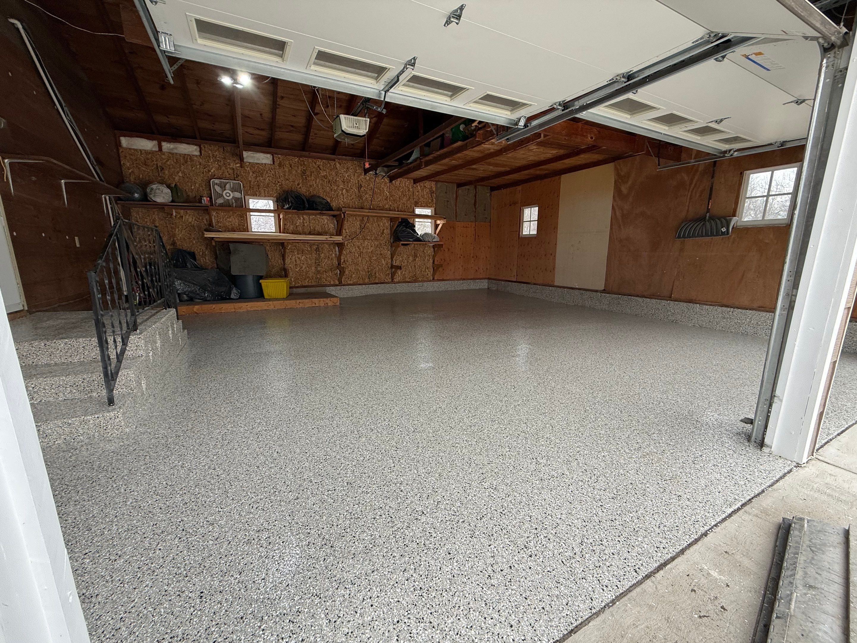 Multi-Colored Epoxy Garage Floor Coating and Concrete Stair Restoration by Select Painting, Coatings & Garage Cabinets
