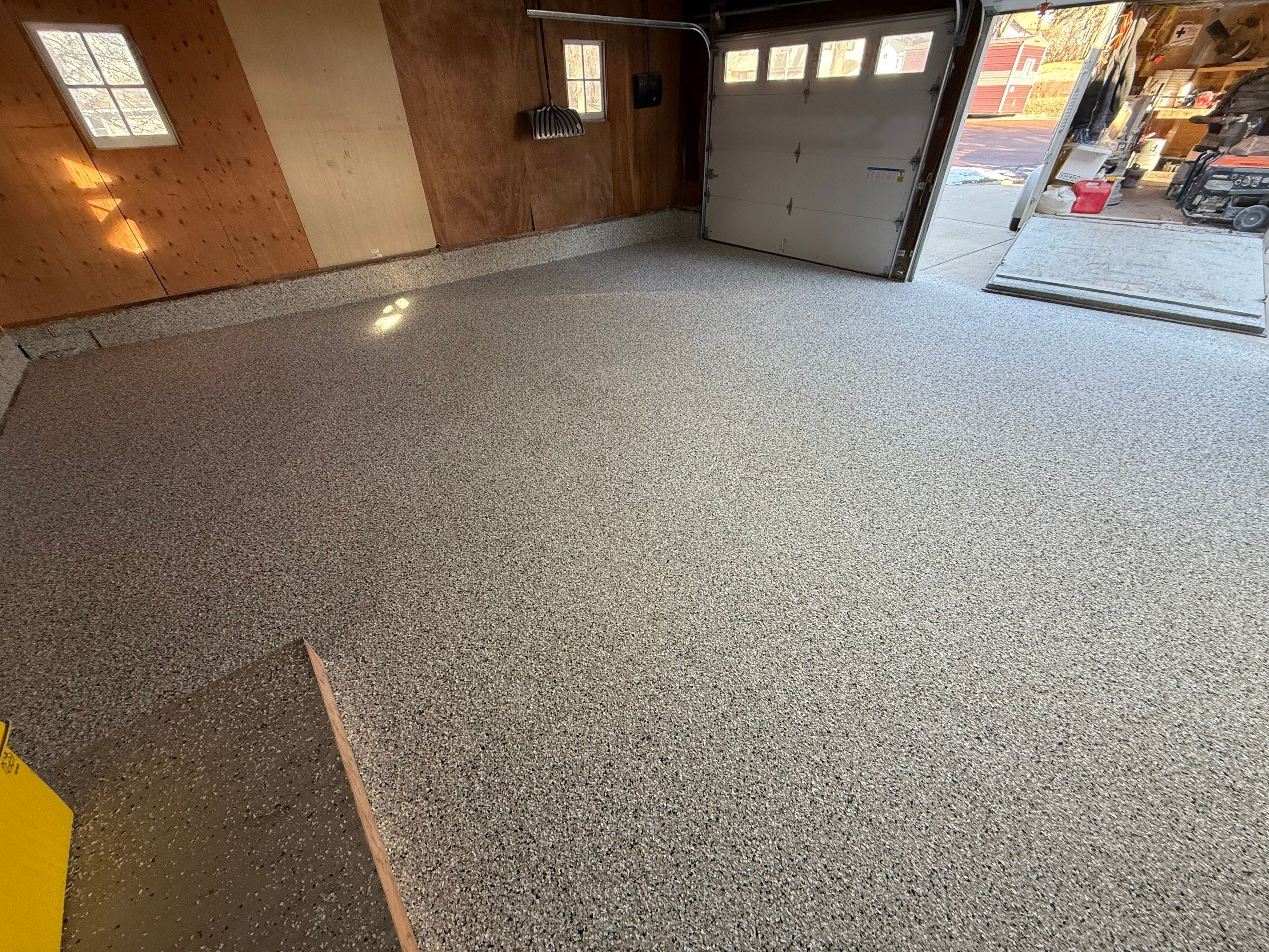 Multi-Colored Epoxy Garage Floor Coating and Concrete Stair Restoration by Select Painting, Coatings & Garage Cabinets