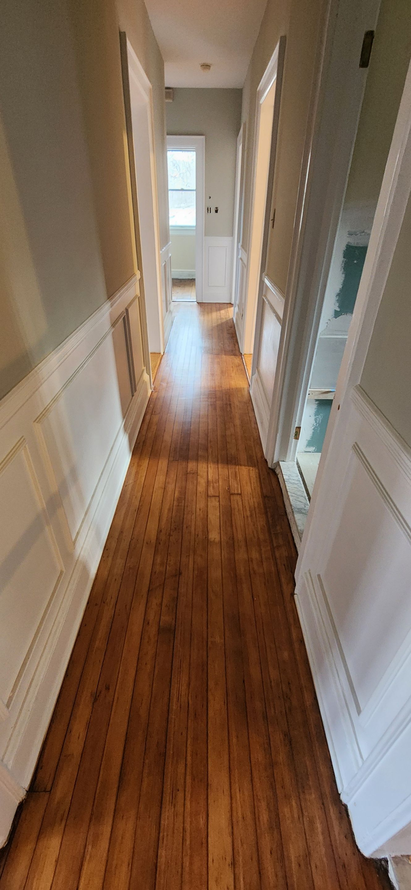 Sand & Refinish with Board Repair using Duraseal Golden Oak and Coffee Brown w/ Loba Satin Finish by Footprints Floors Morristown