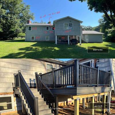 New Deck, Trex Tropical Island mist boards and Fascia. Black composite trex railing. 