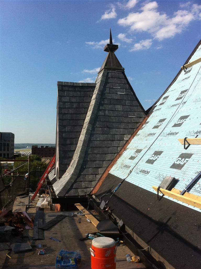 Historic Building ROOF REPLACEMNT with GAF TruSlate  on steep slop and Versico 60mil TPO on flat roof by Gorilla Exteriors Contracting, LLC