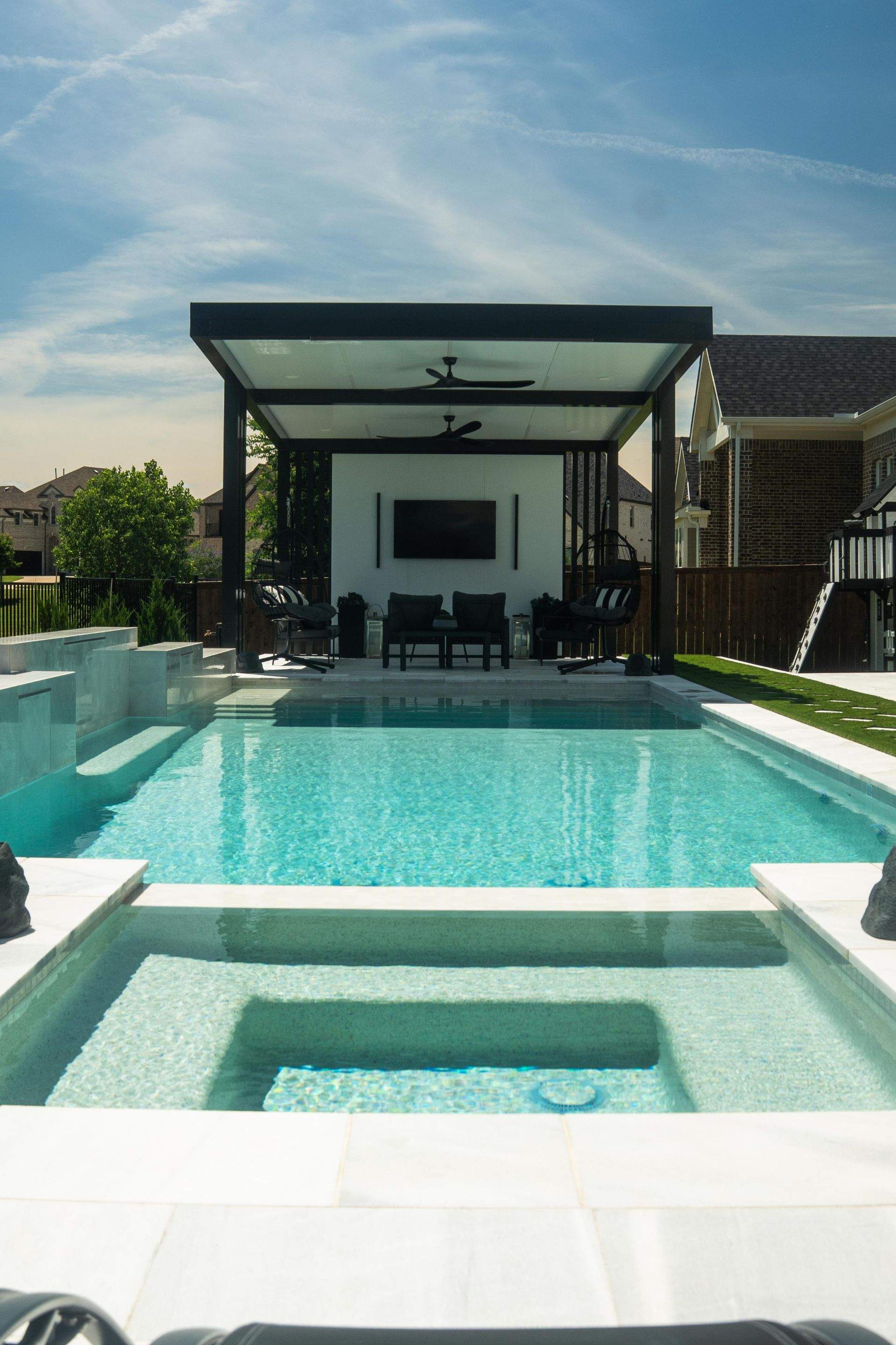 Large Pool and Spa with Rain Descent by Pinnacle Pools and Spas - DFW