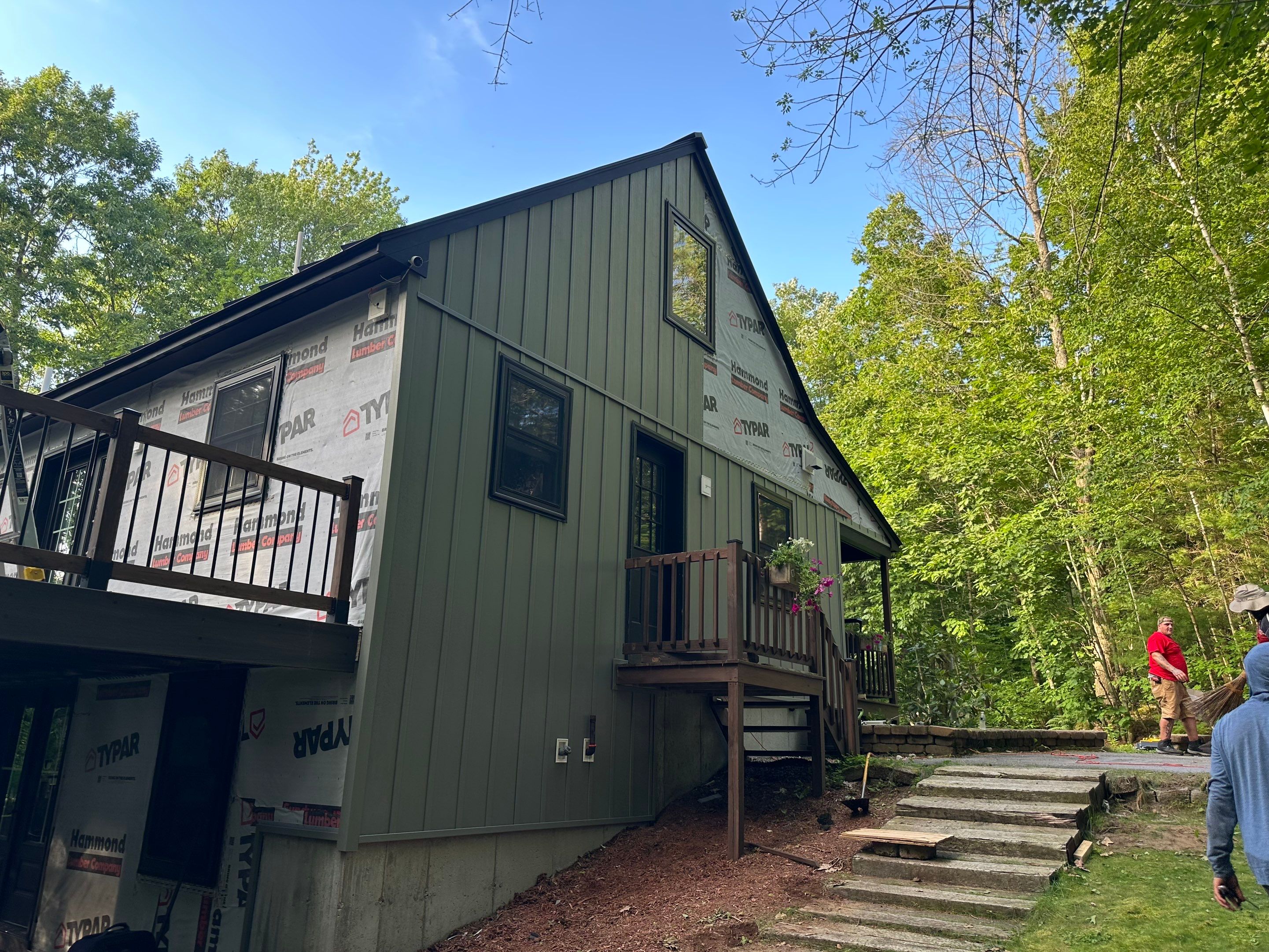 Sage Green Board and Batten Siding and Deck Upgrade in Standish by Tall pine roofing