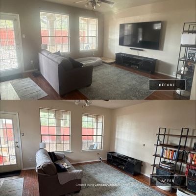 Before and after photo of a living room repainted by Hill Country Painting in Austin, TX