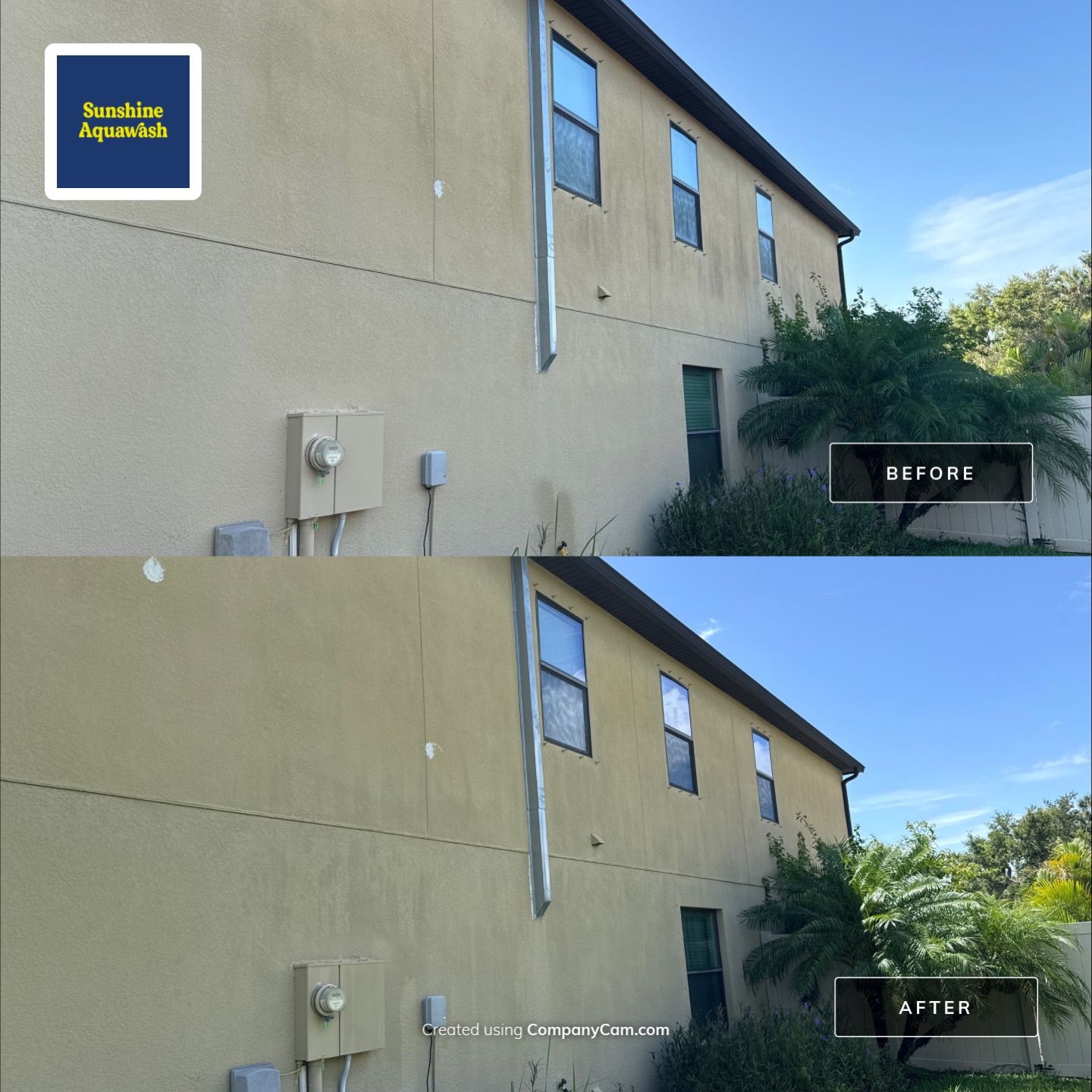 2-Story Stucco House Wash & Tan Vinyl Fence Cleaning | Sheffield Glen Palmetto, FL by Sunshine AquaWash