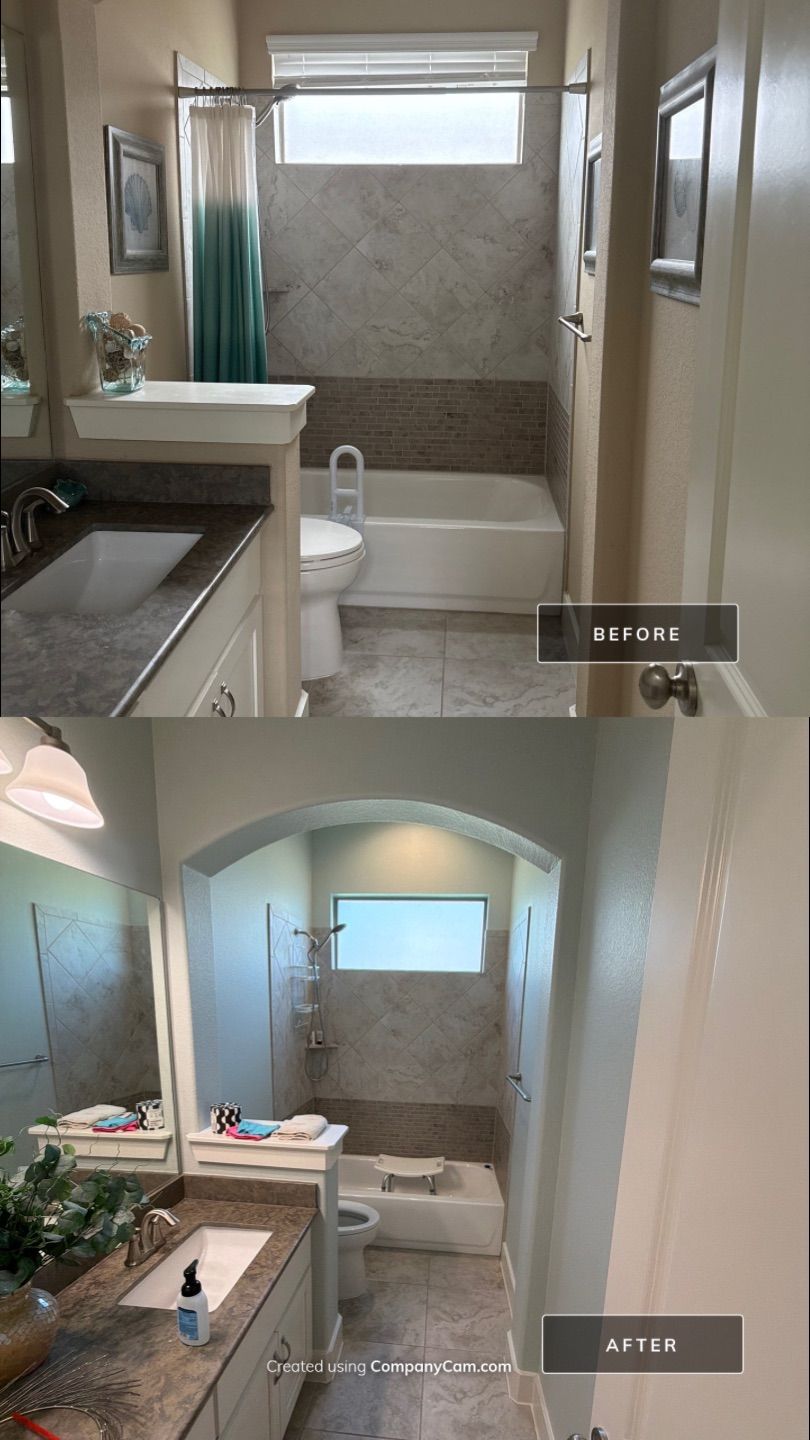 Before and after photo of a bathroom repainted by Hill Country Painting in Liberty Hill, TX