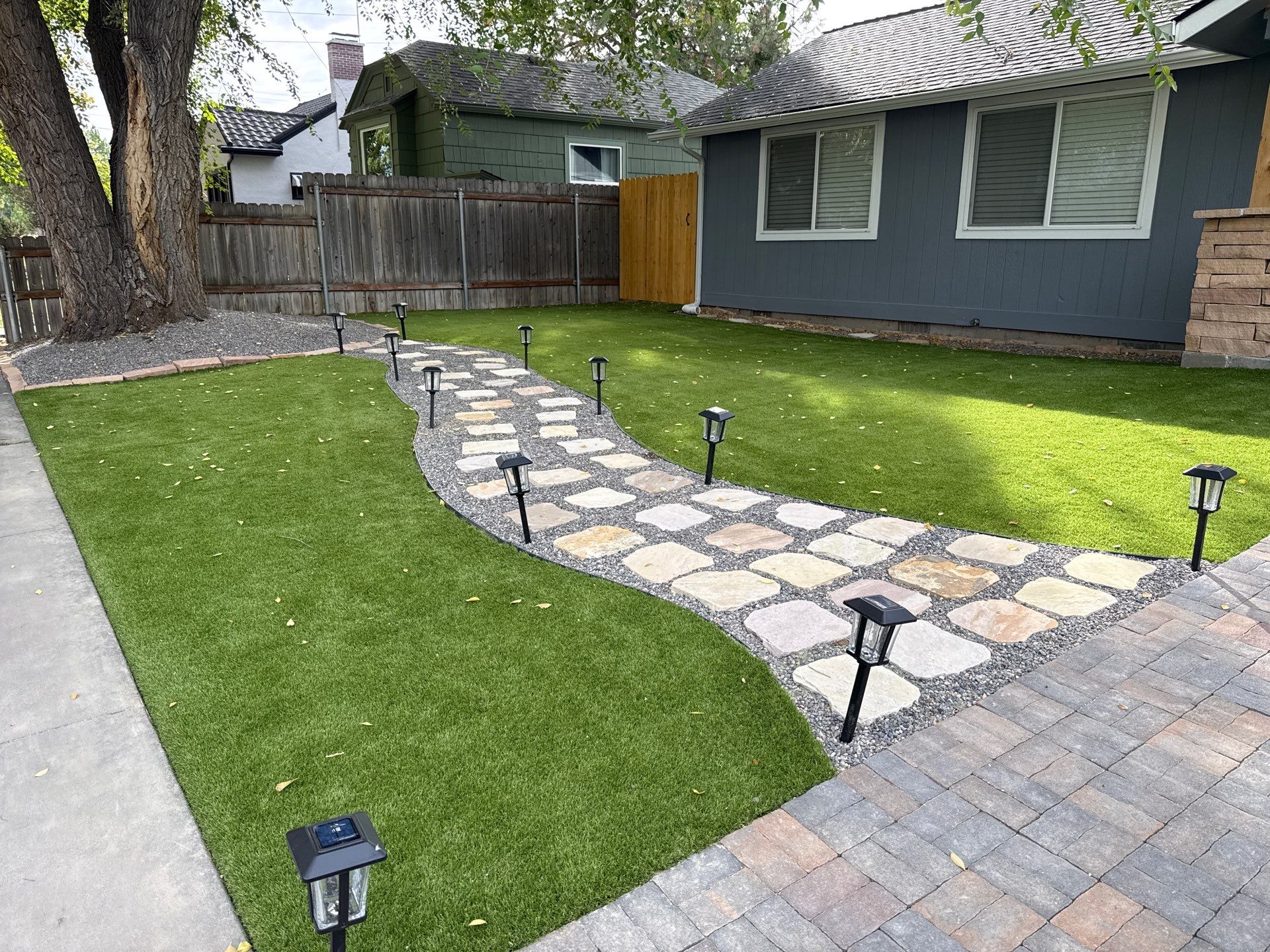 Boise Residential Landscape Renovation With Artificial Turf And Paver Walkways by Synlawn Idaho