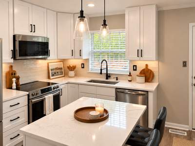Modern Kitchen Remodel with White Shaker Cabinets, Quartz Countertops & Stainless Appliances