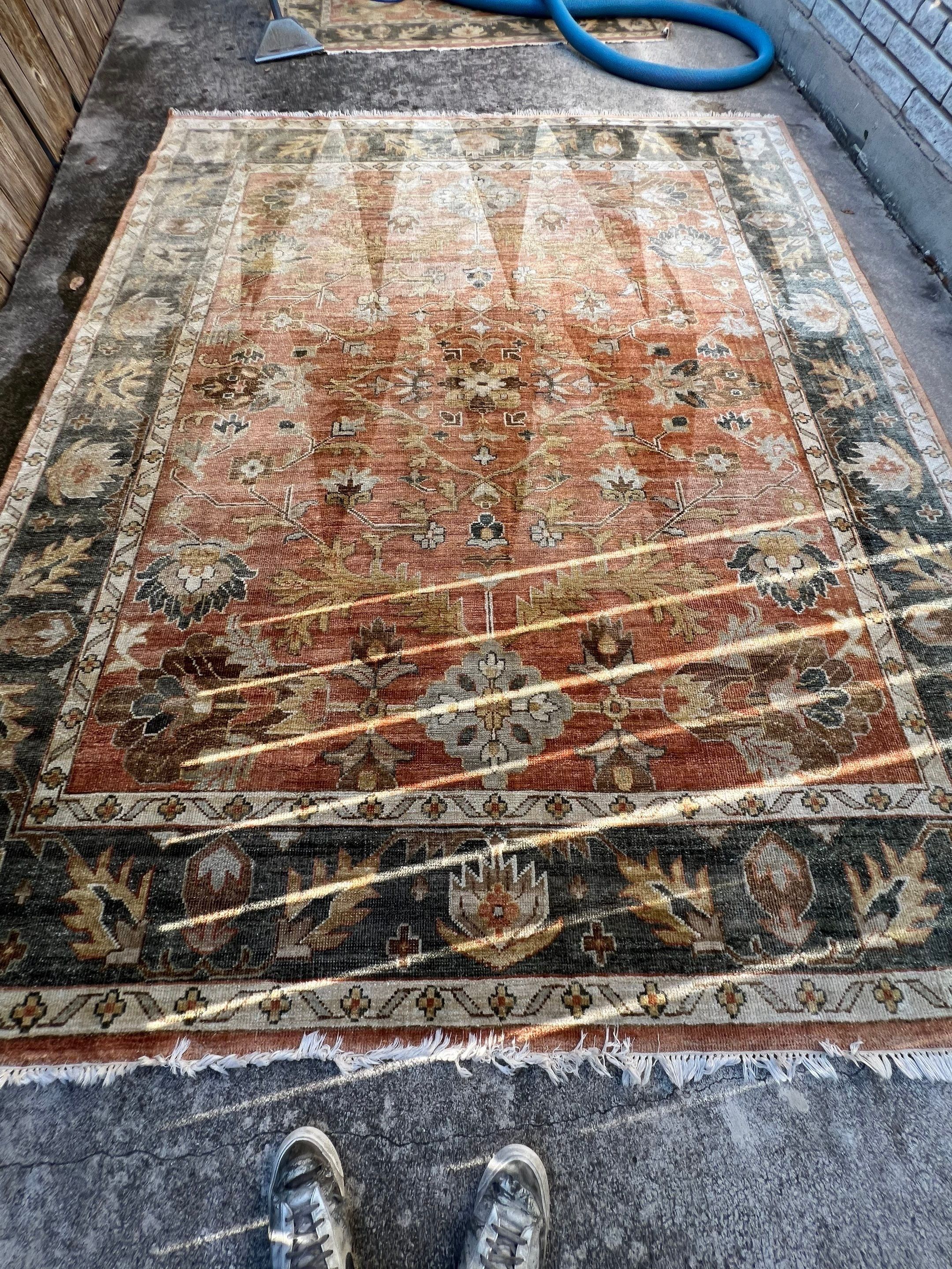 the service shown is deep cleaning an area rug on a concrete surface using specialized equipment for effective dirt removal