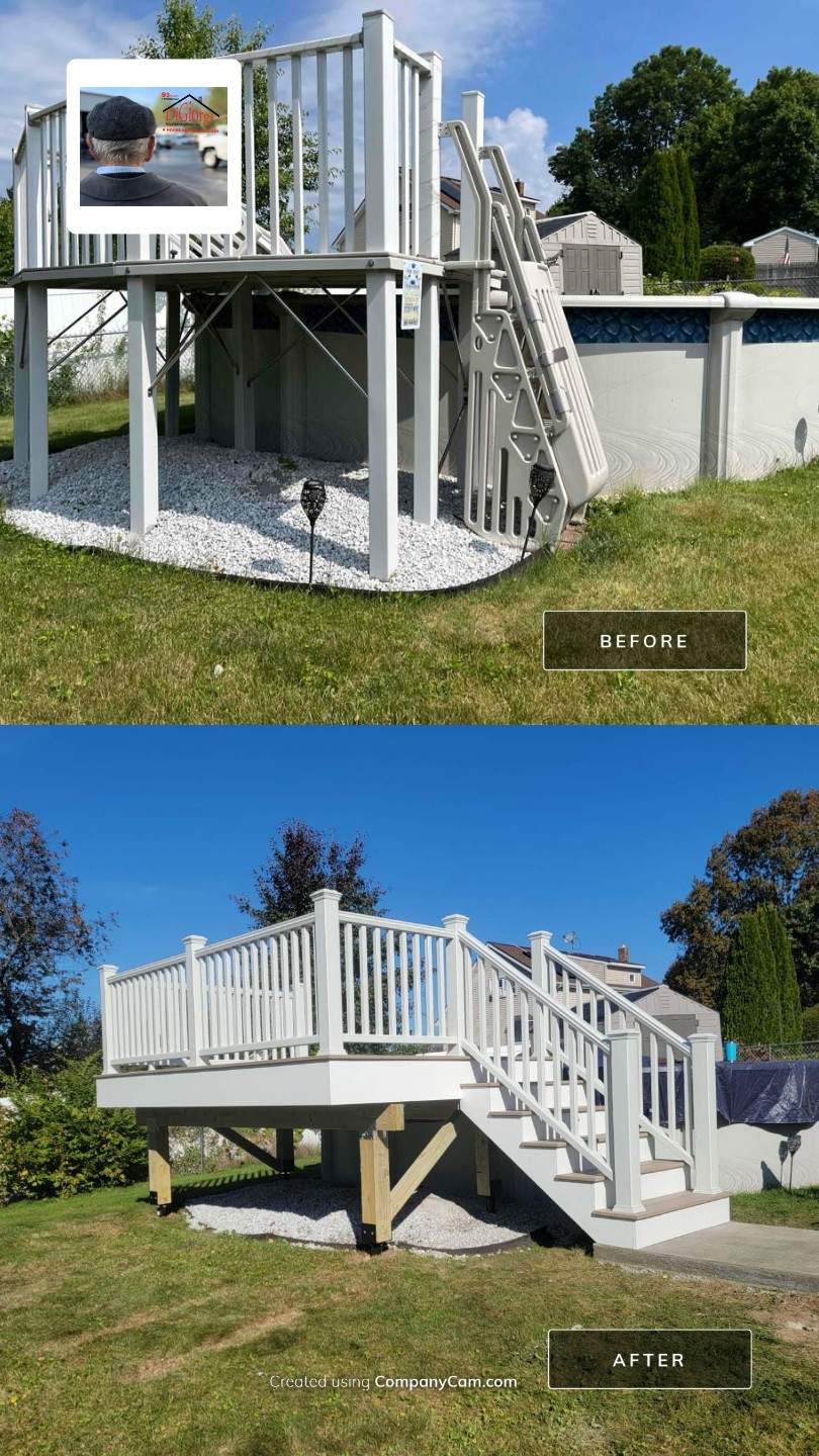New pool deck and main deck resurface using Trex Transcend Rope Swing boards, White railing and Lattice by DiGiorgi Roofing and Siding Inc