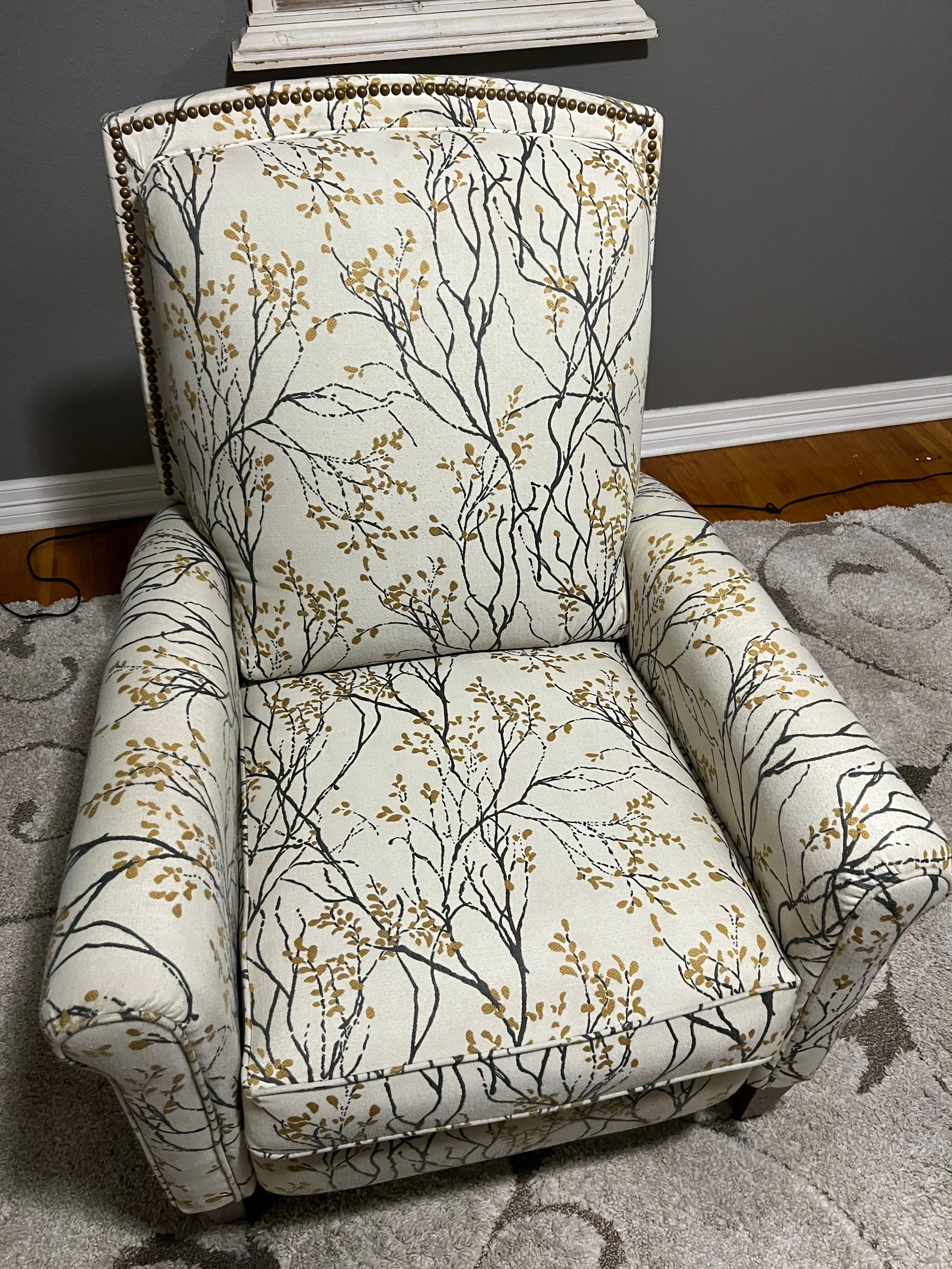 the service involves cleaning upholstery on a chair that has fabric with a floral design