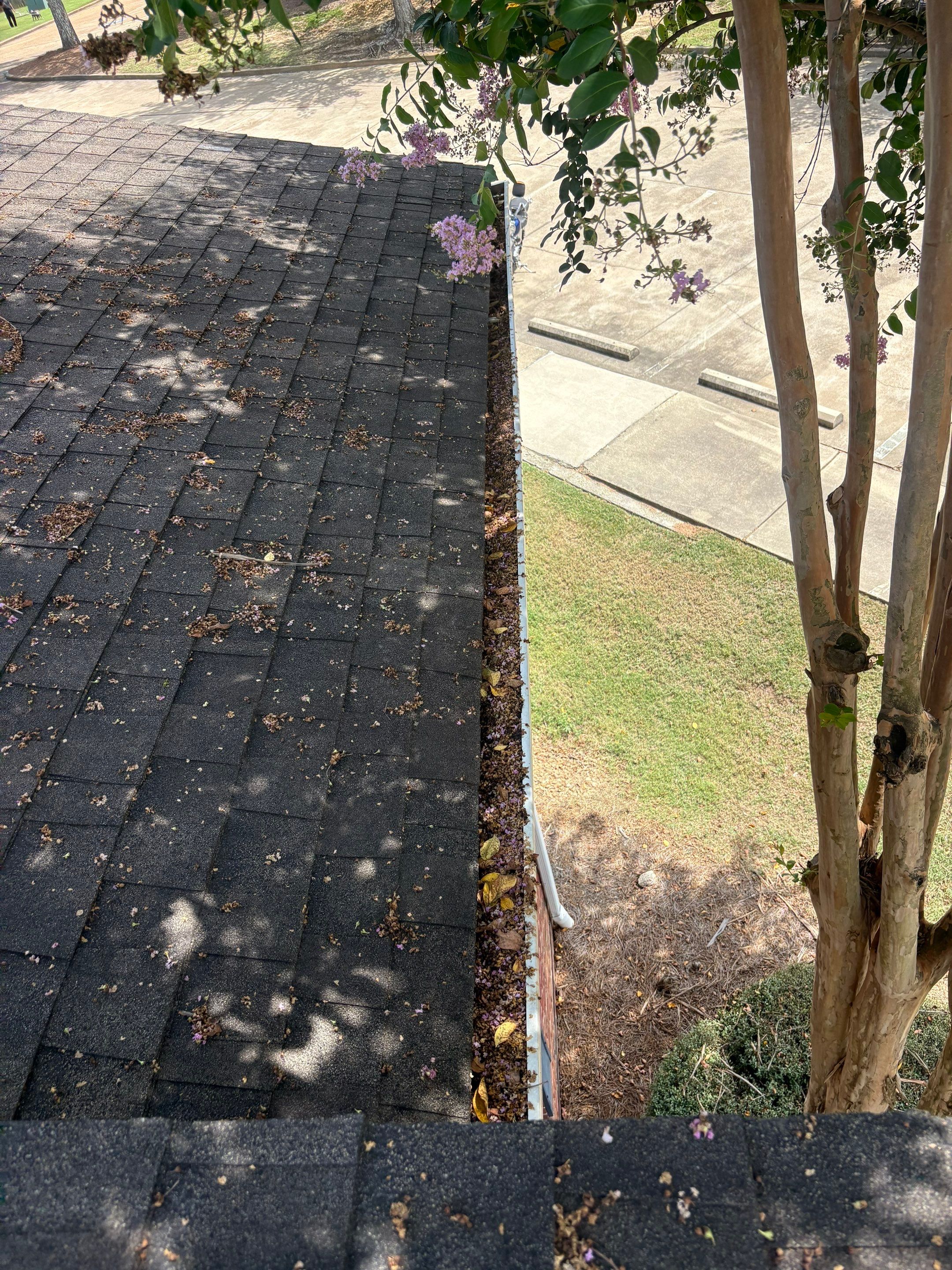 Commercial gutter cleaning Ridgeland, MS before photo with filled gutters
