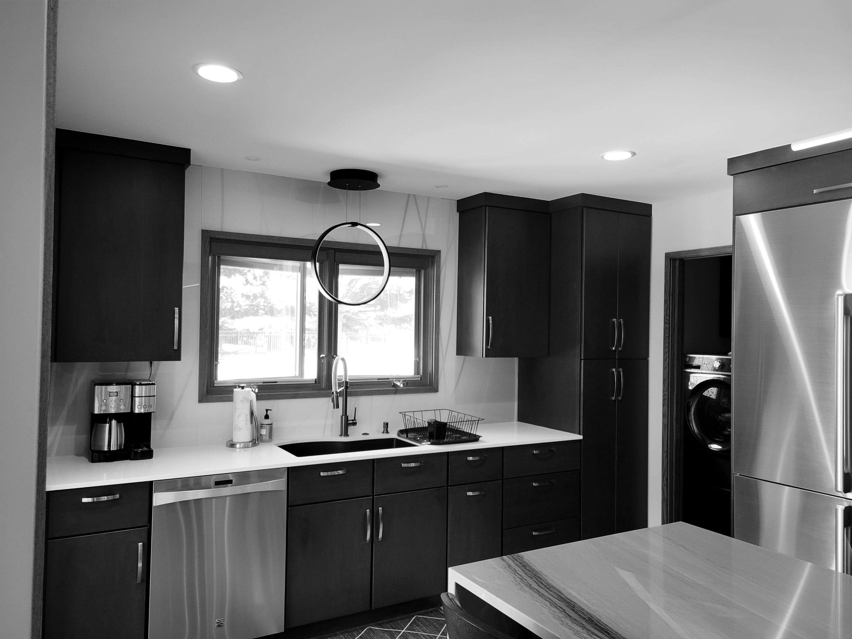 Kitchen Remodel using IMAGIO Misty Curves Solid Glass Backsplash by IMAGIO