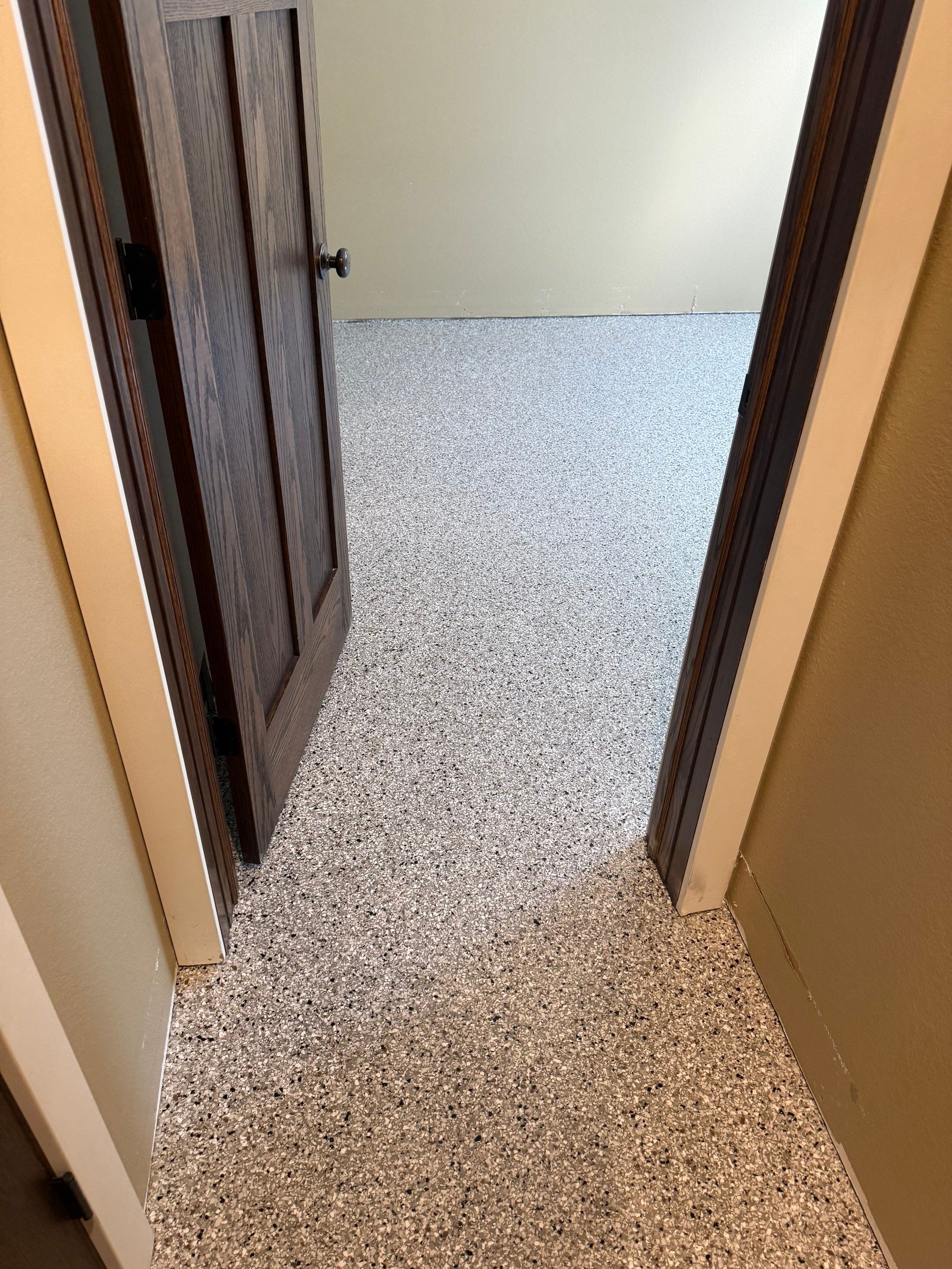 Decorative Flake Concrete Floor Coating for Larchwood Basement by Select Painting, Coatings & Garage Cabinets