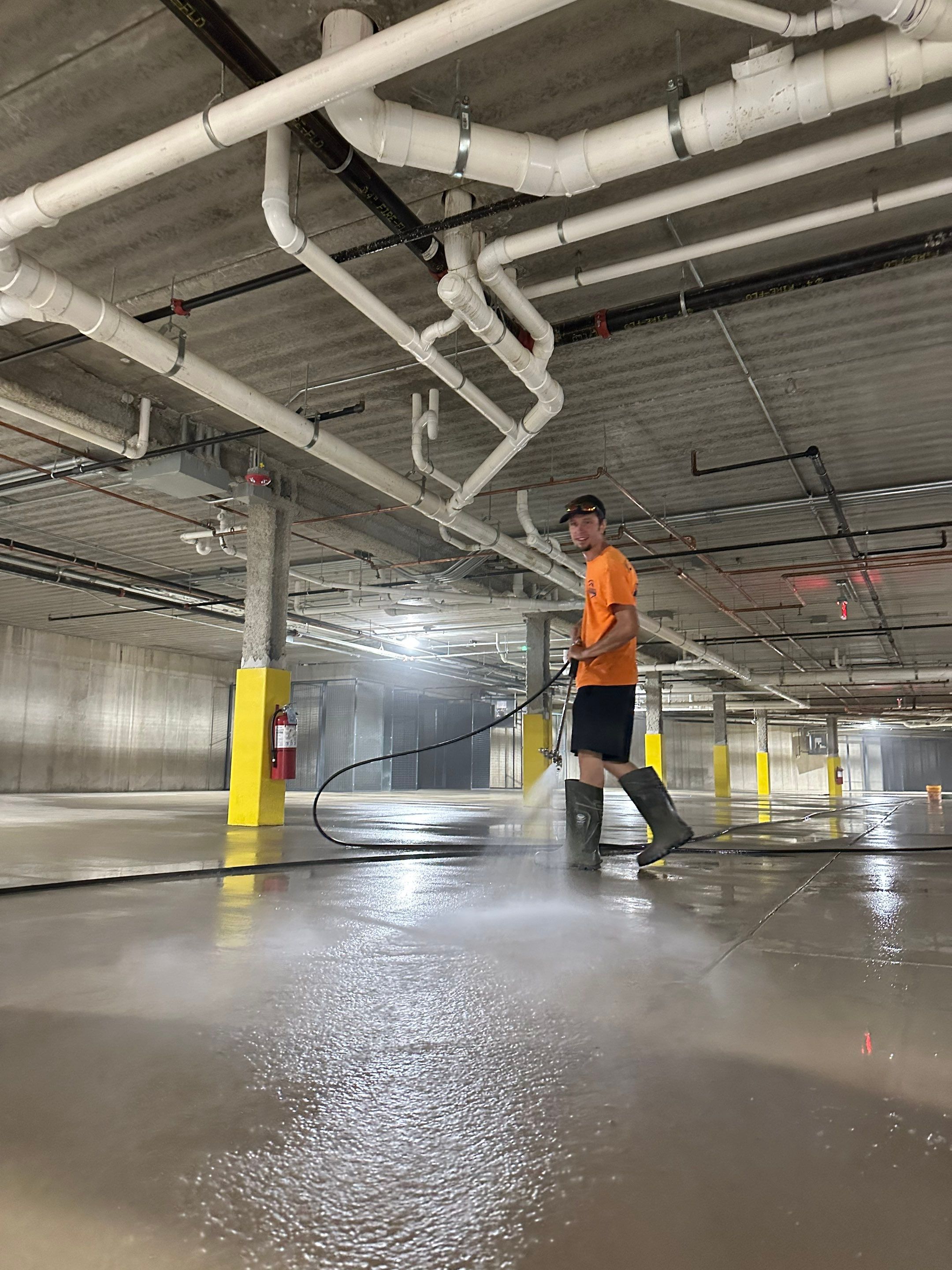 Parking garage post construction cleanup by Northern Power Washing LLC.
