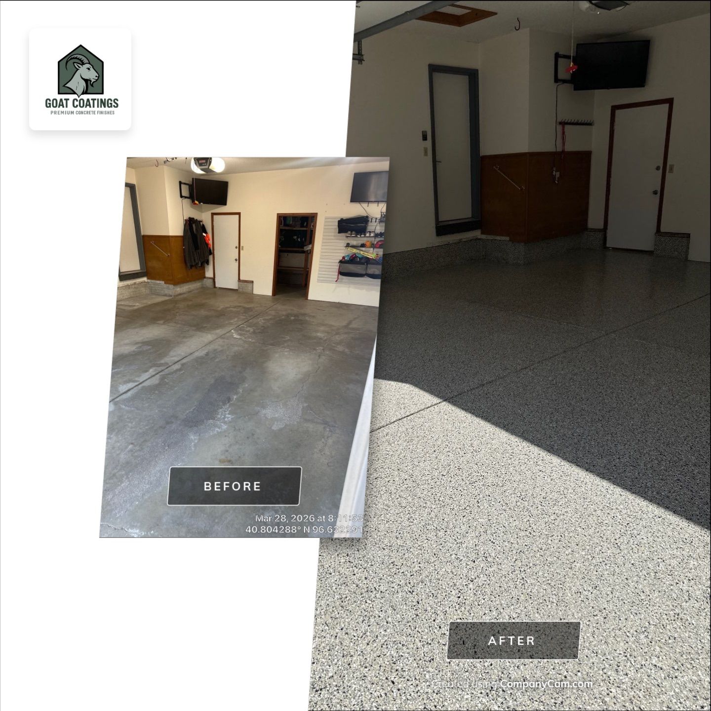 Two-Stall Epoxy Garage Floor Coating and Repair in Lincoln by Goat Coatings