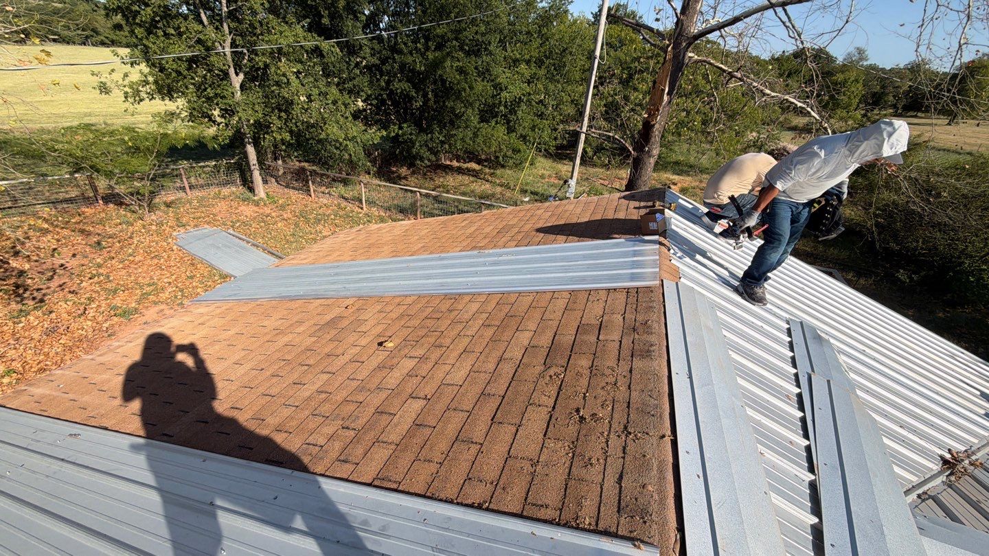 Corrugated Metal Roof Repair for Brick Home in Lindsay by BANA Roofing and Solar Supply