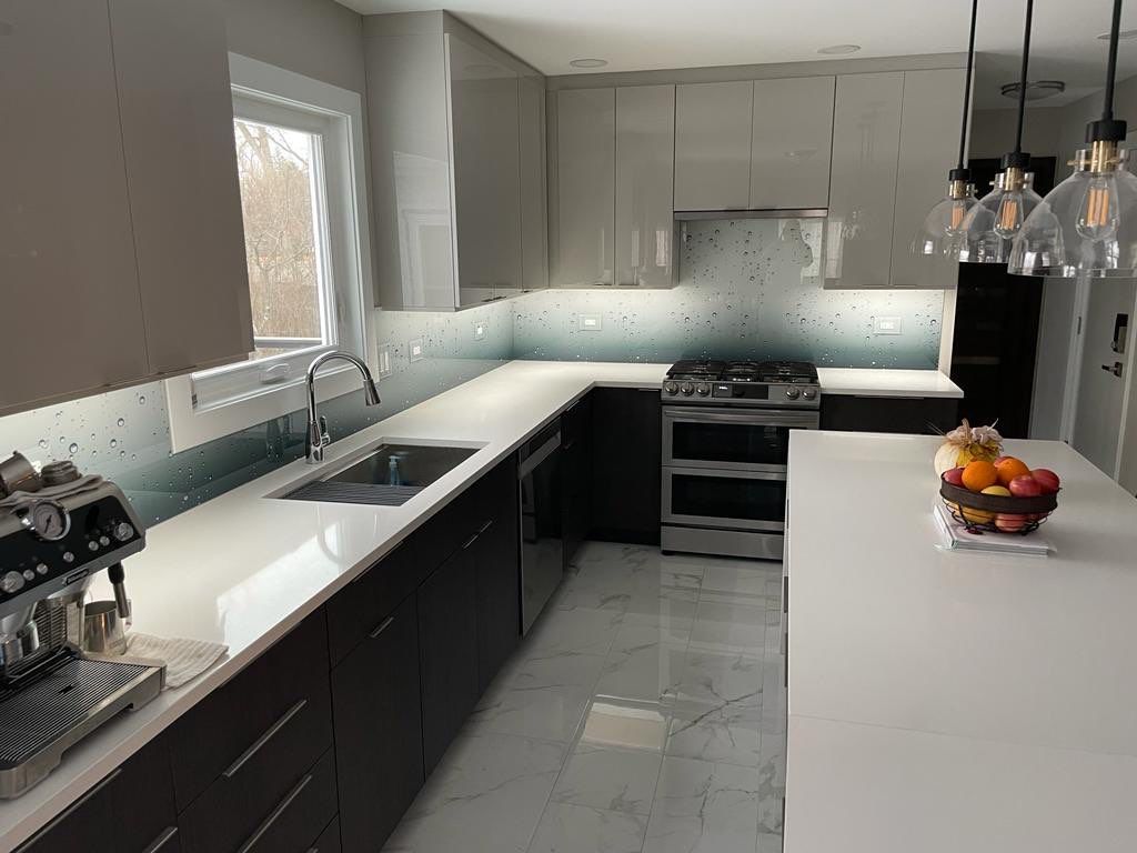 Let It Rain Kitchen Remodel using IMAGIO Solid Glass Backsplash by IMAGIO