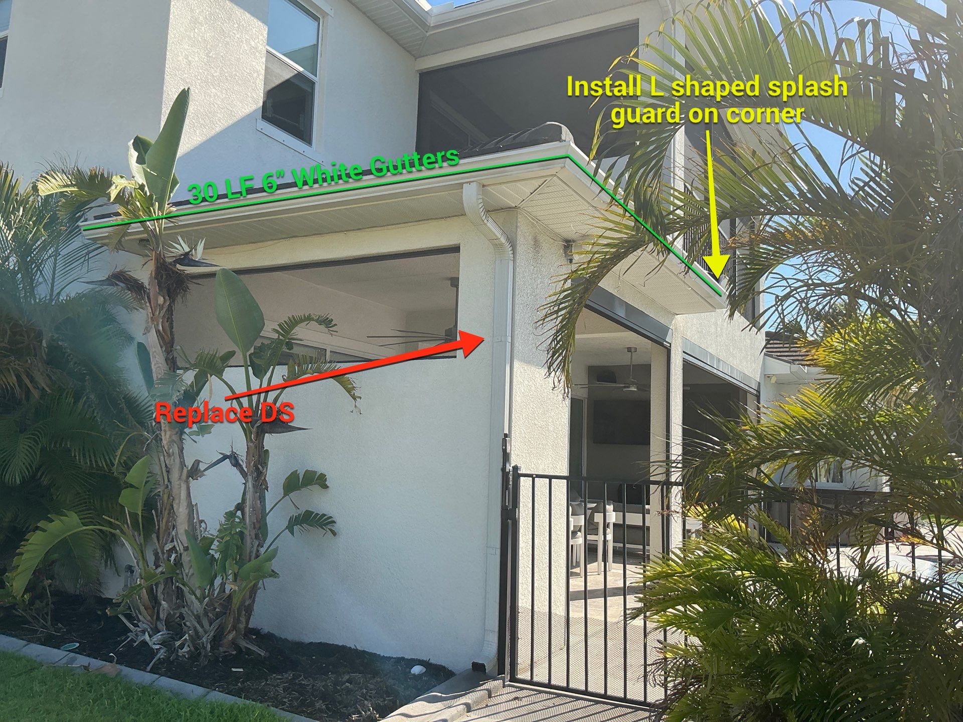 White Seamless Gutters with Downspouts in Bradenton FL by Gutter Professors