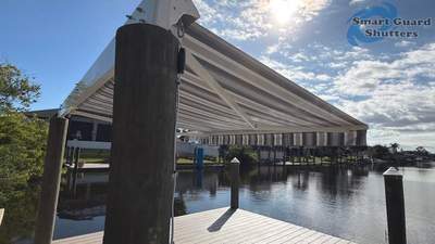Retractable Awning in Sunbrella Marco Blue Grey