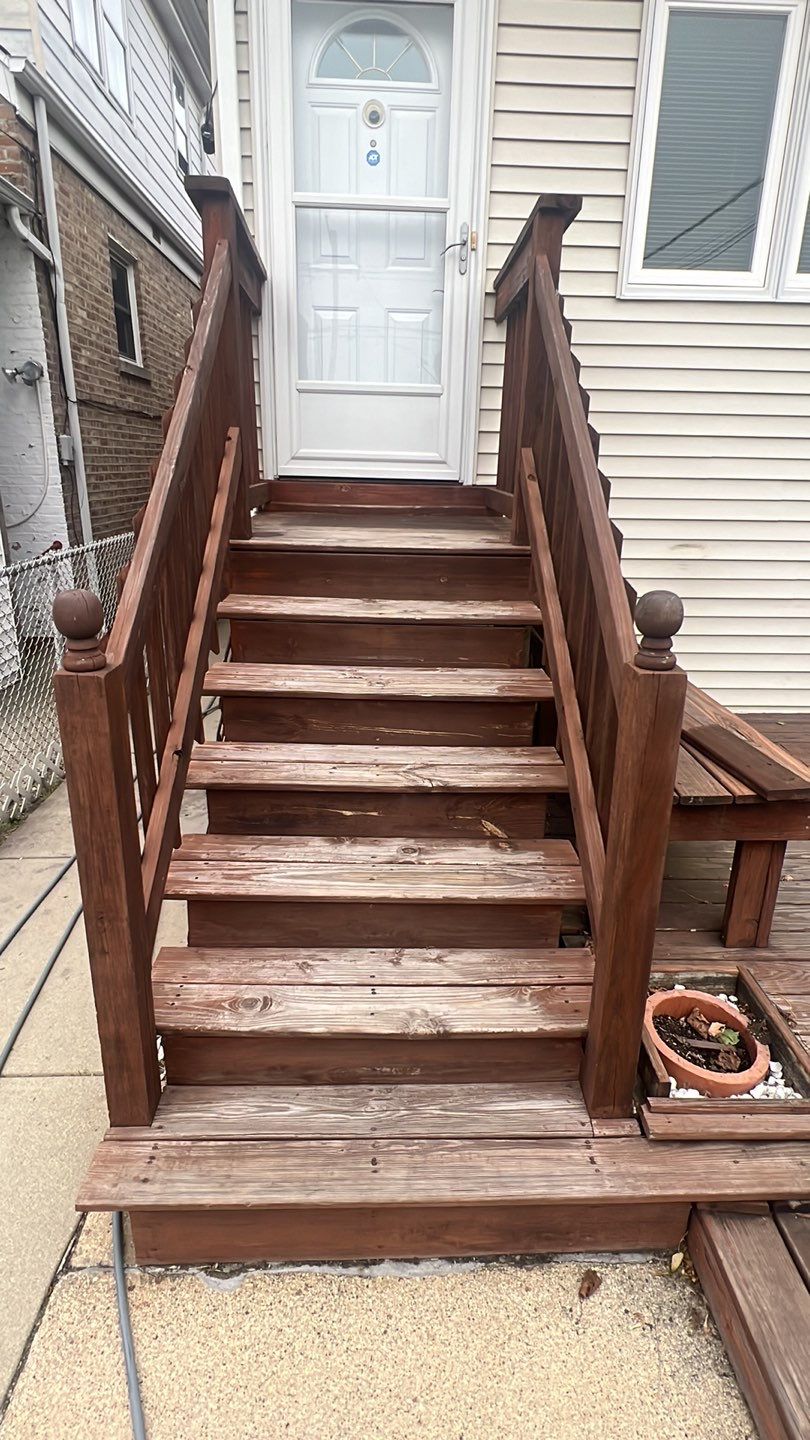 Wood cleaning and staining using Armstrong cloark oil stain by Northern Power Washing LLC.