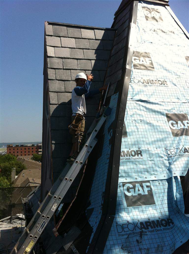 Historic Building ROOF REPLACEMNT with GAF TruSlate  on steep slop and Versico 60mil TPO on flat roof by Gorilla Exteriors Contracting, LLC