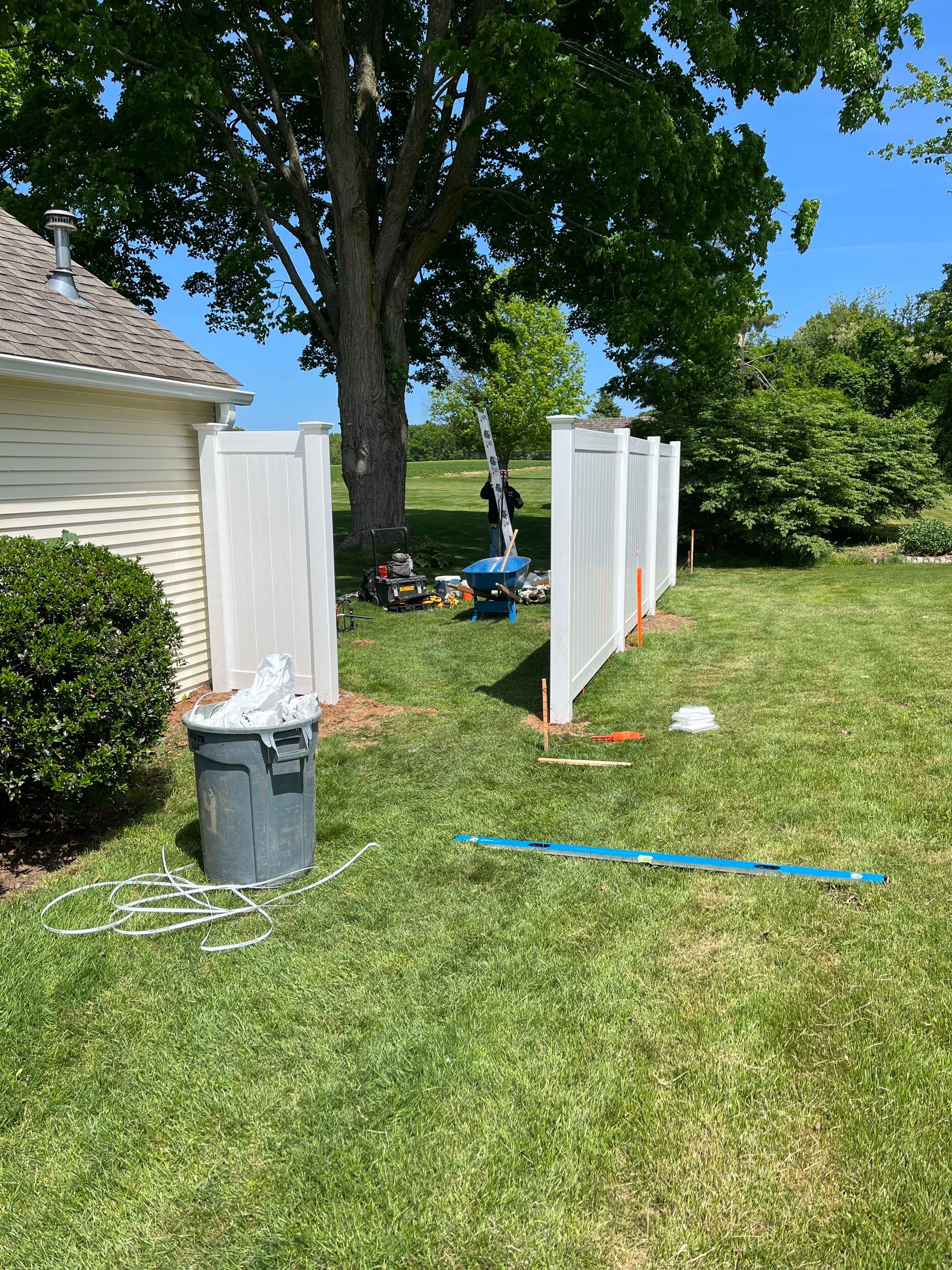 New Vinyl Privacy Fence with matching Gate in white. by DiGiorgi Roofing and Siding Inc