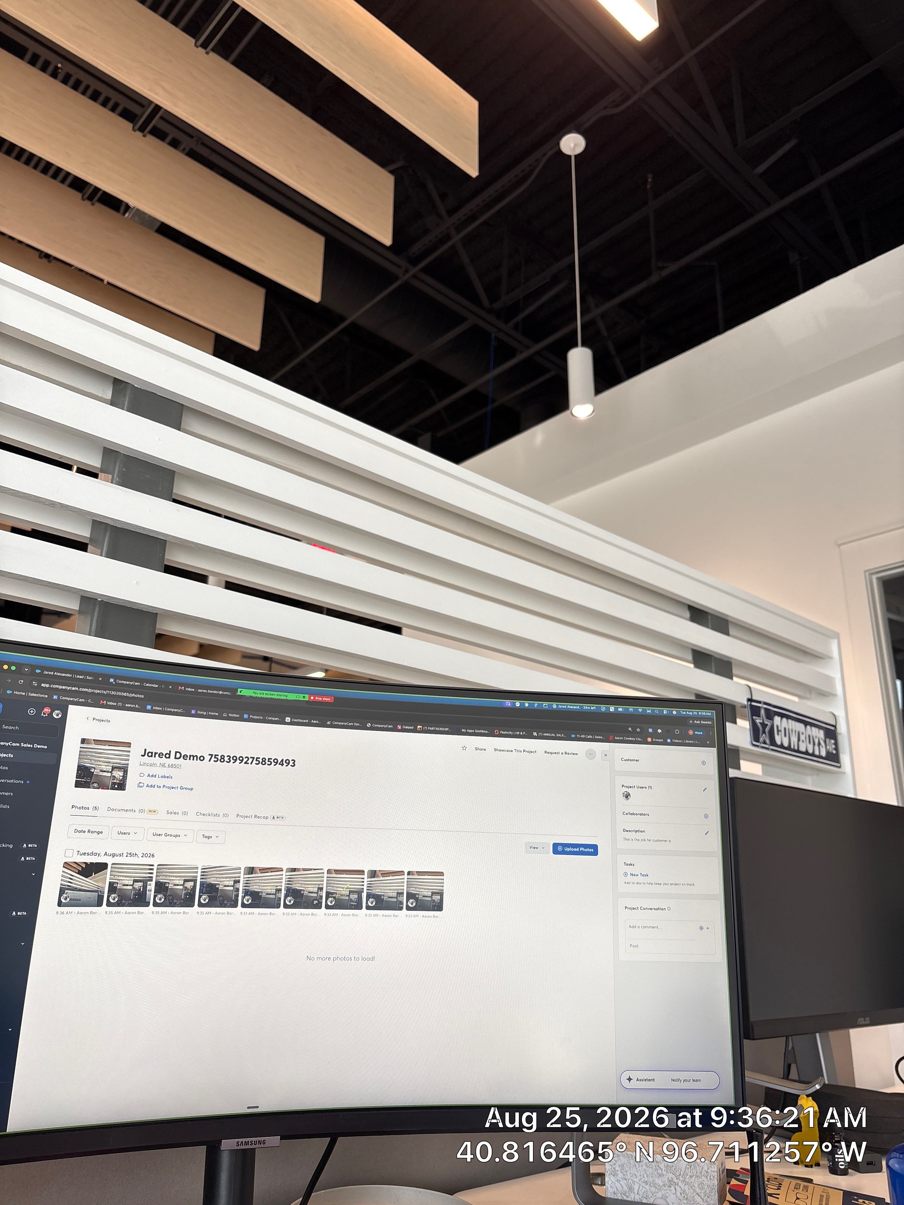Modern Office Interior Slat Wall and Ceiling Baffle Installation in Lincoln by CompanyCam Sales Demo