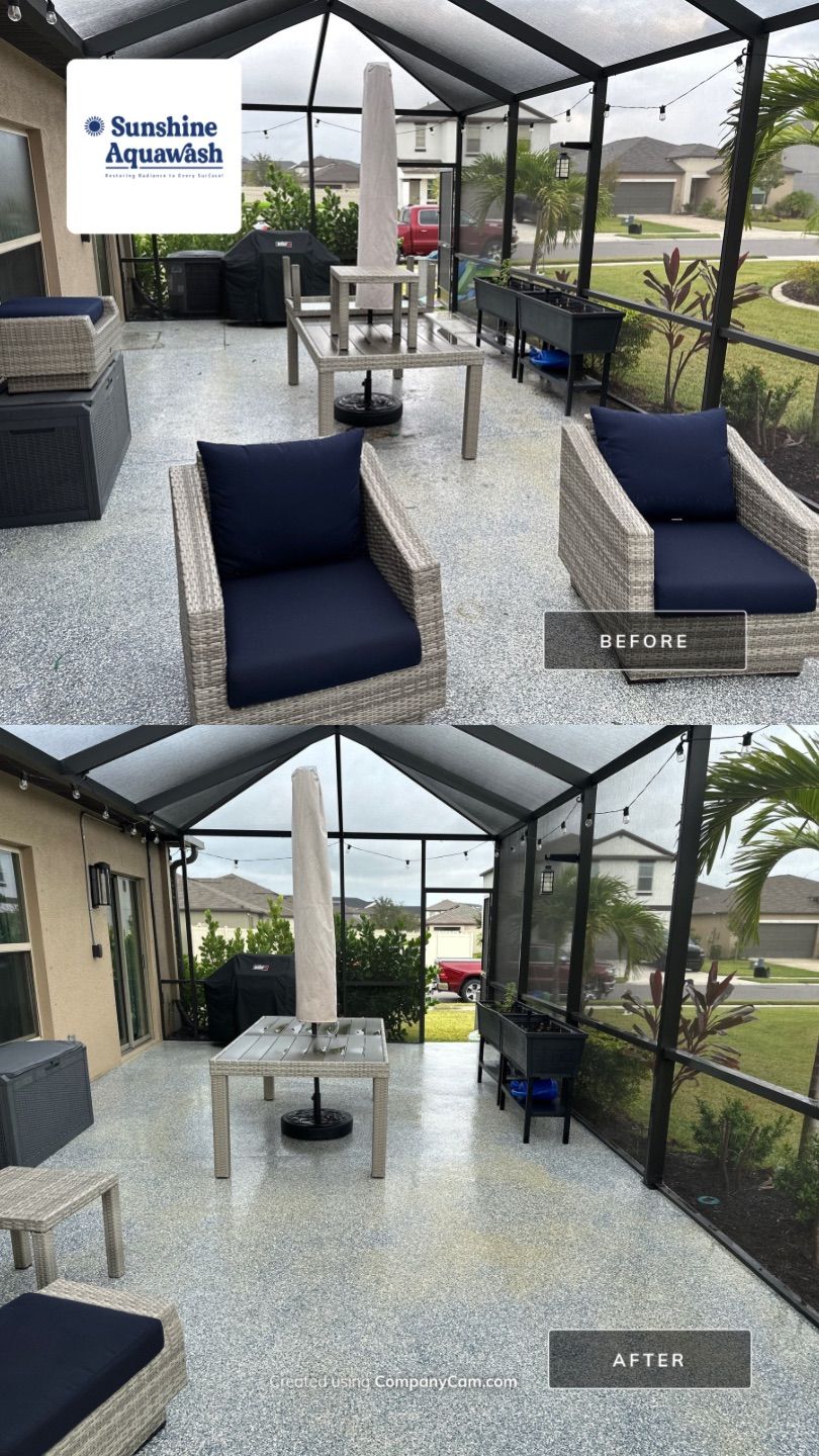 Lanai & Patio Cleaning with Epoxy-Coated Concrete Floor in Trevesta Community, Palmetto, FL | Sunshine AquaWash by Sunshine AquaWash