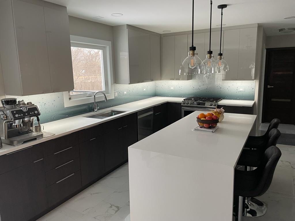 Let It Rain Kitchen Remodel using IMAGIO Solid Glass Backsplash by IMAGIO