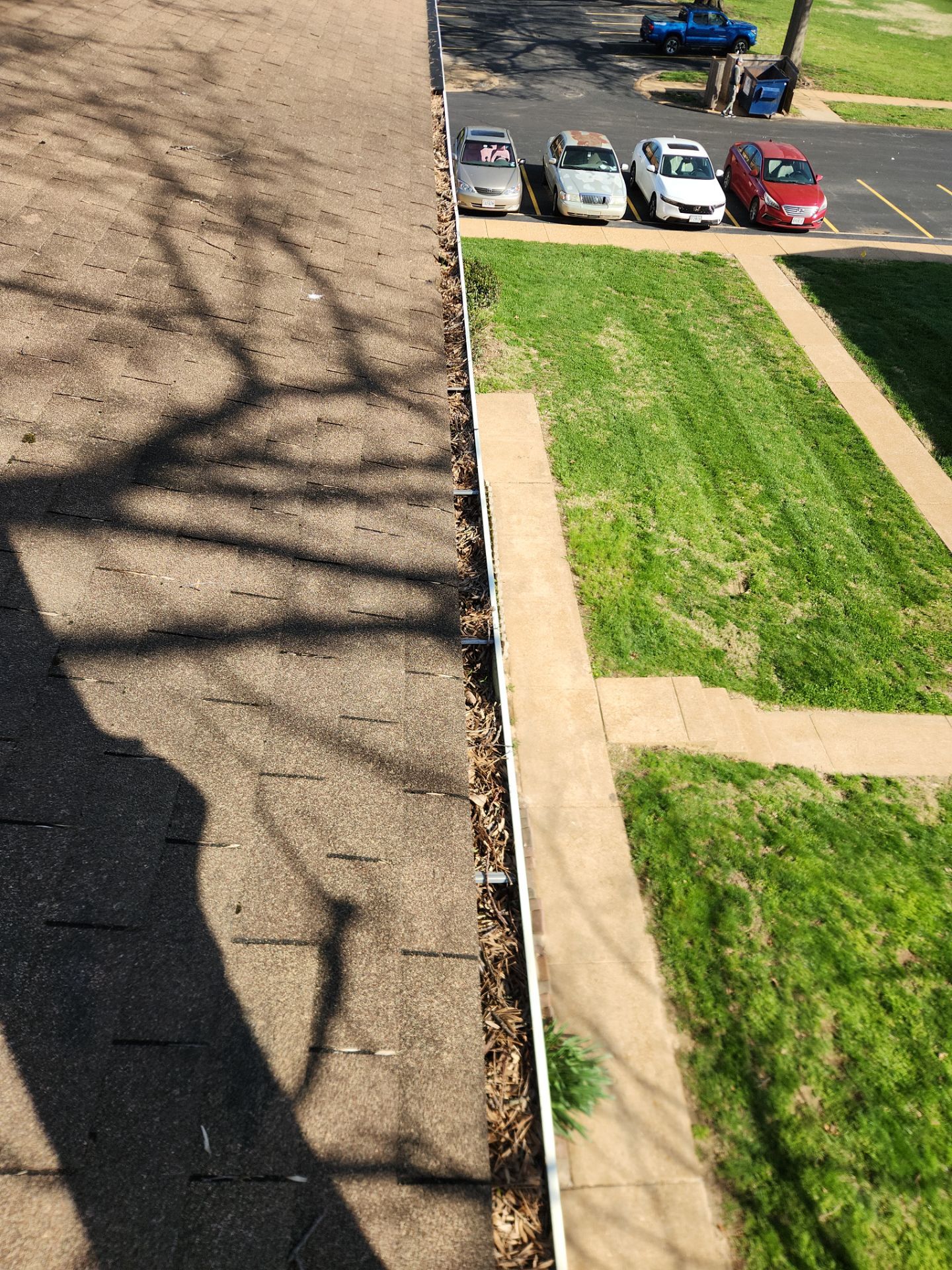Commercial gutter cleaning St. Louis before photo with filled gutters