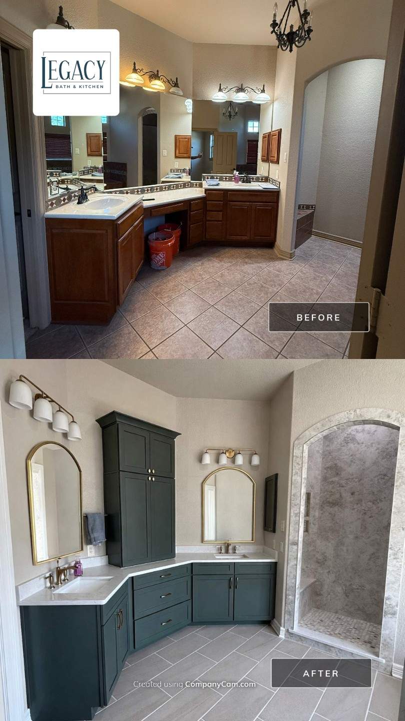 Garden Ridge Master Bathroom Remodel with Custom Walk-In Shower & Warm Green Vanity by Legacy Bath and Kitchen 