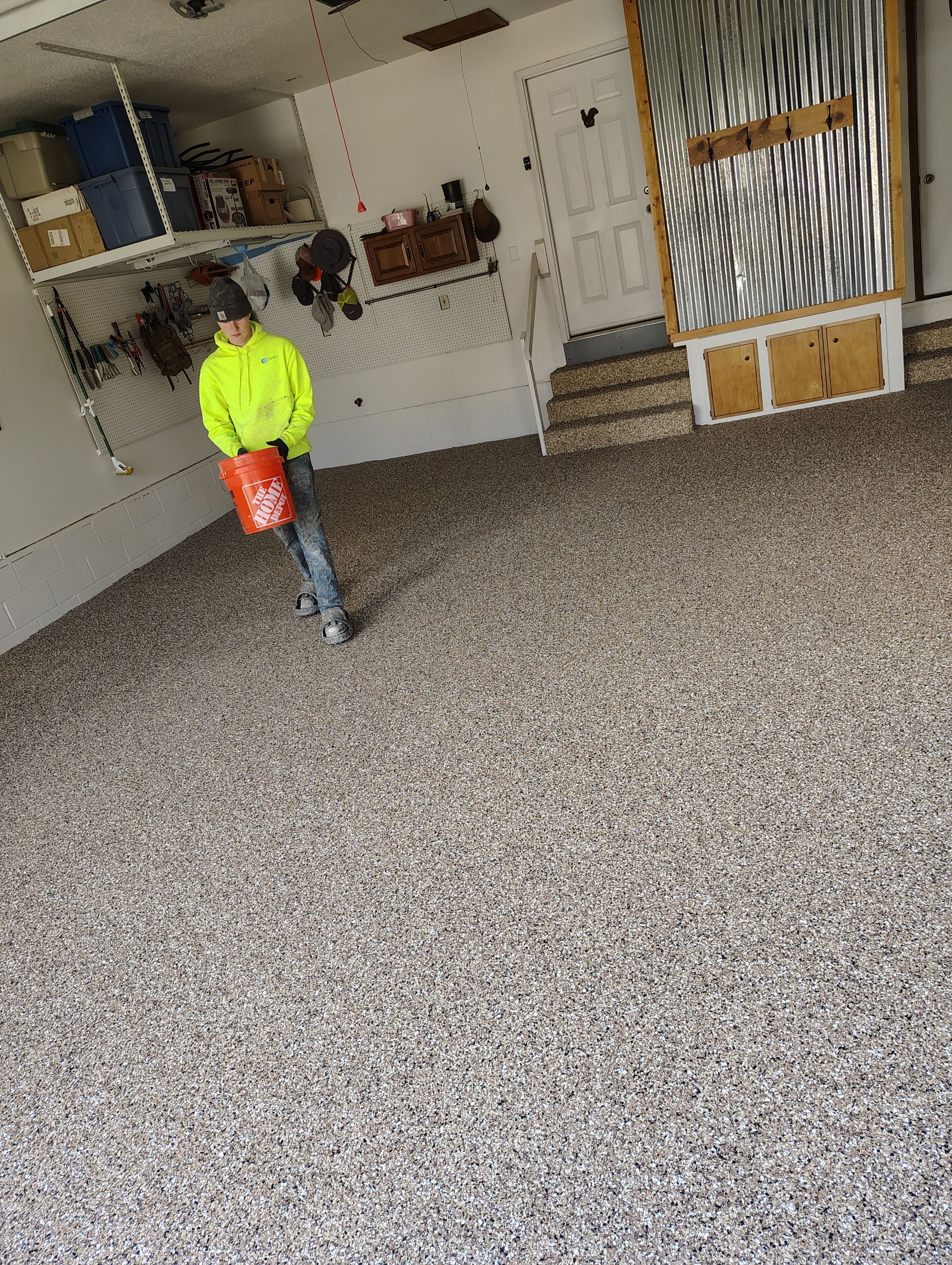 Multi-Colored Flake Epoxy Garage Floor Coating and Crack Repair by Select Painting, Coatings & Garage Cabinets