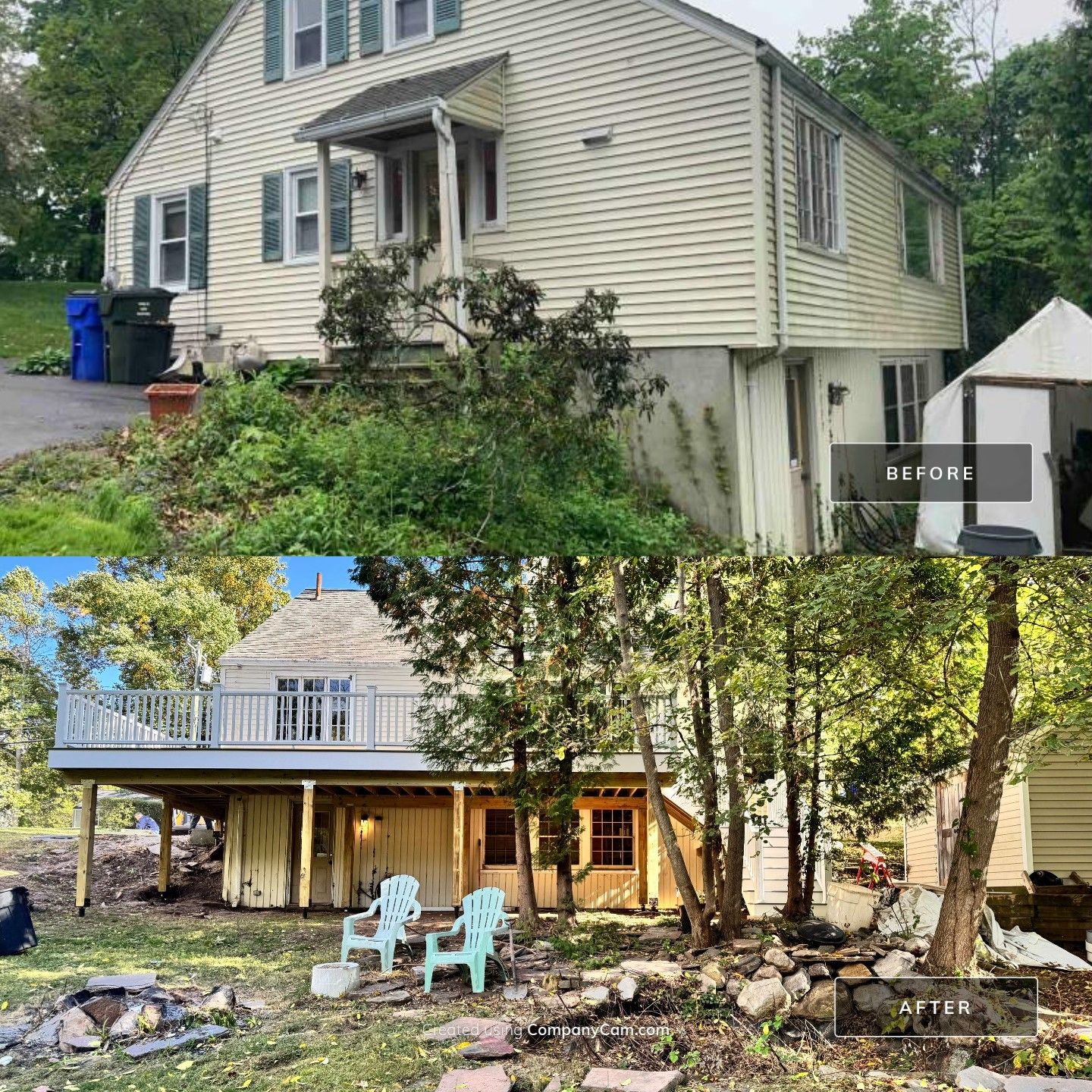 New Deck, Trex Select Pebble Gray boards, Composite railings in white, Trex Rainescape system, and gate. by DiGiorgi Roofing and Siding Inc