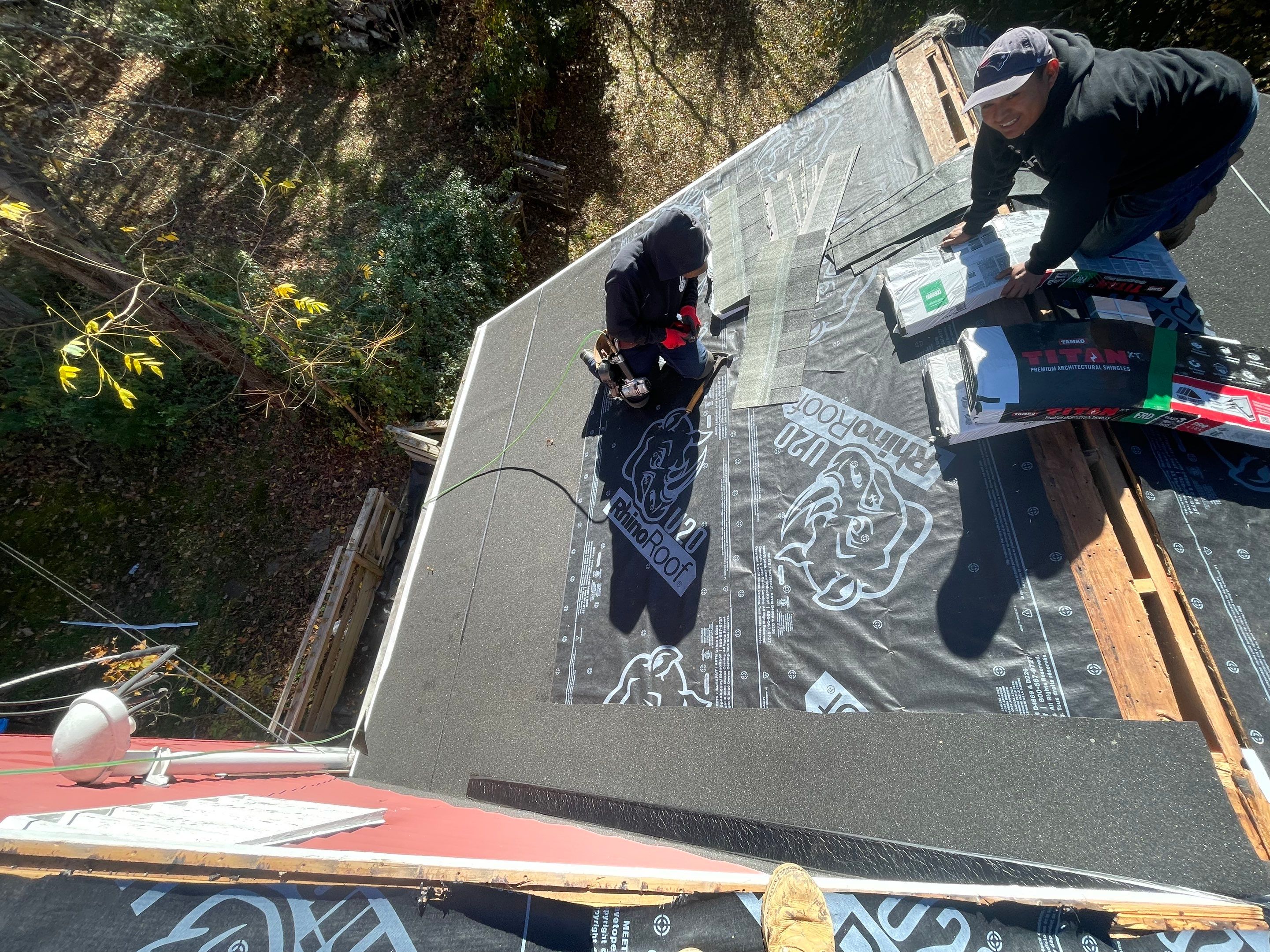 Residential Roofing Installation using Owens Corning TruDefinition Duration AR - Estate Gray & White Double 4 Siding by A Plus Exterior