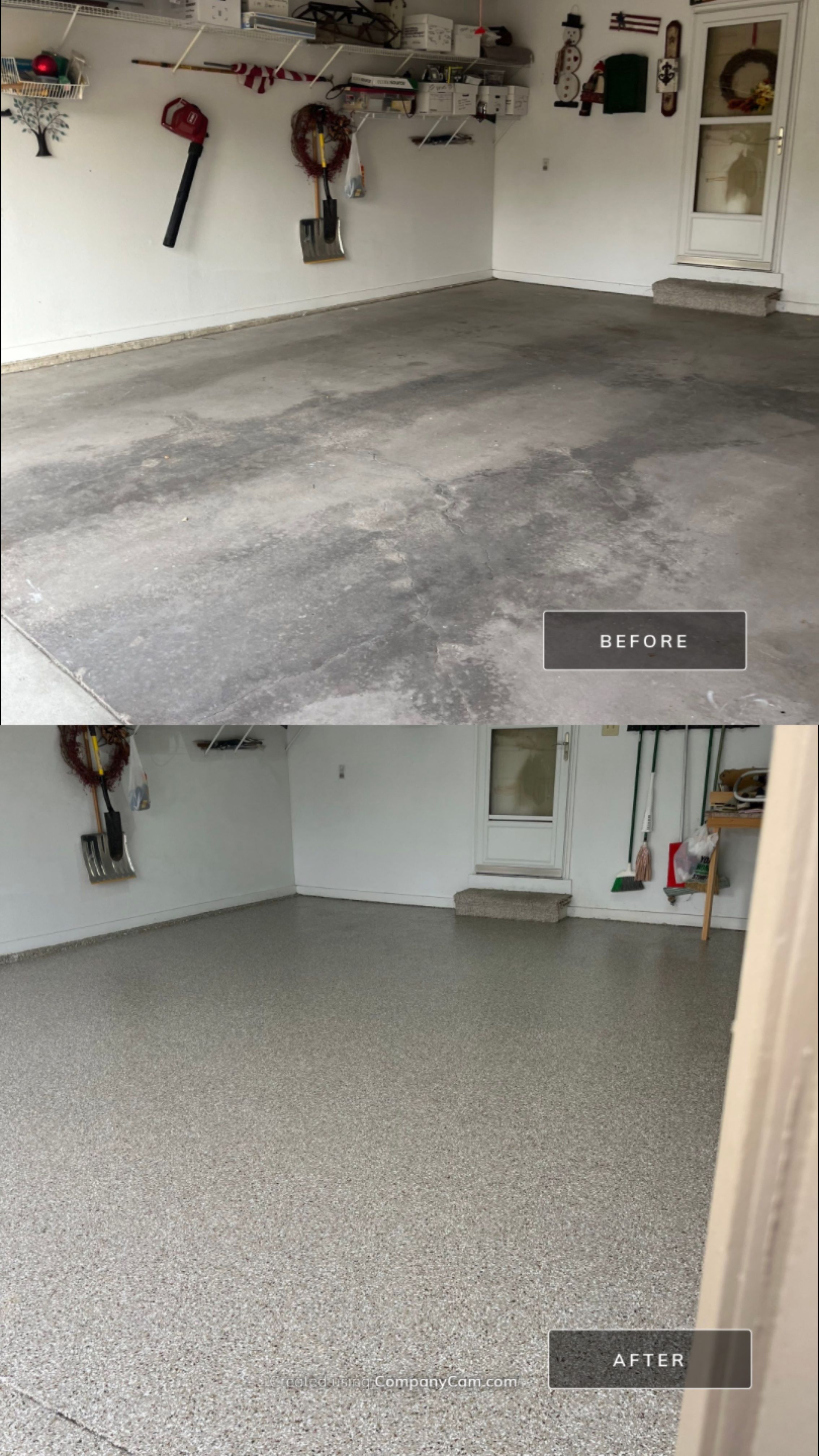 West Des Moines Garage and Patio Floor Coating using Pebble Beach Flakes by Revival Concrete Coatings