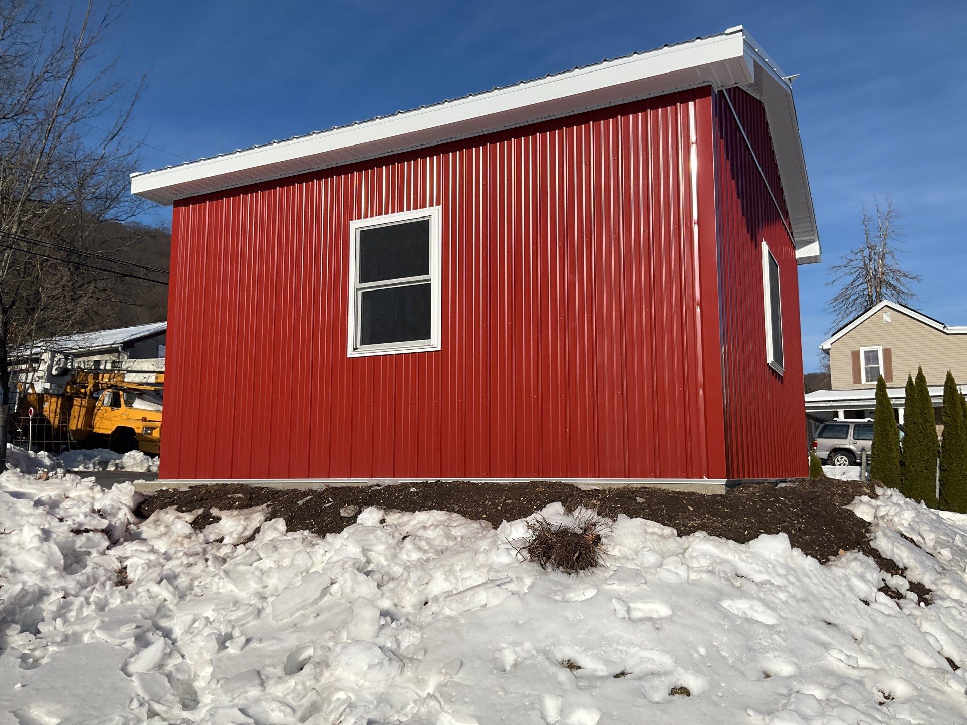 New Red Metal Garage Construction and Residential Window Replacement in Ashland by Esh Builders